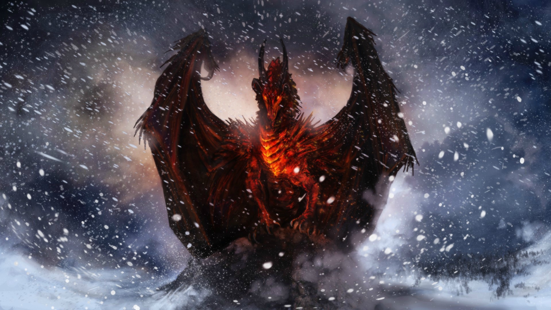 A fiery dragon in a snowy landscape HD Wallpaper