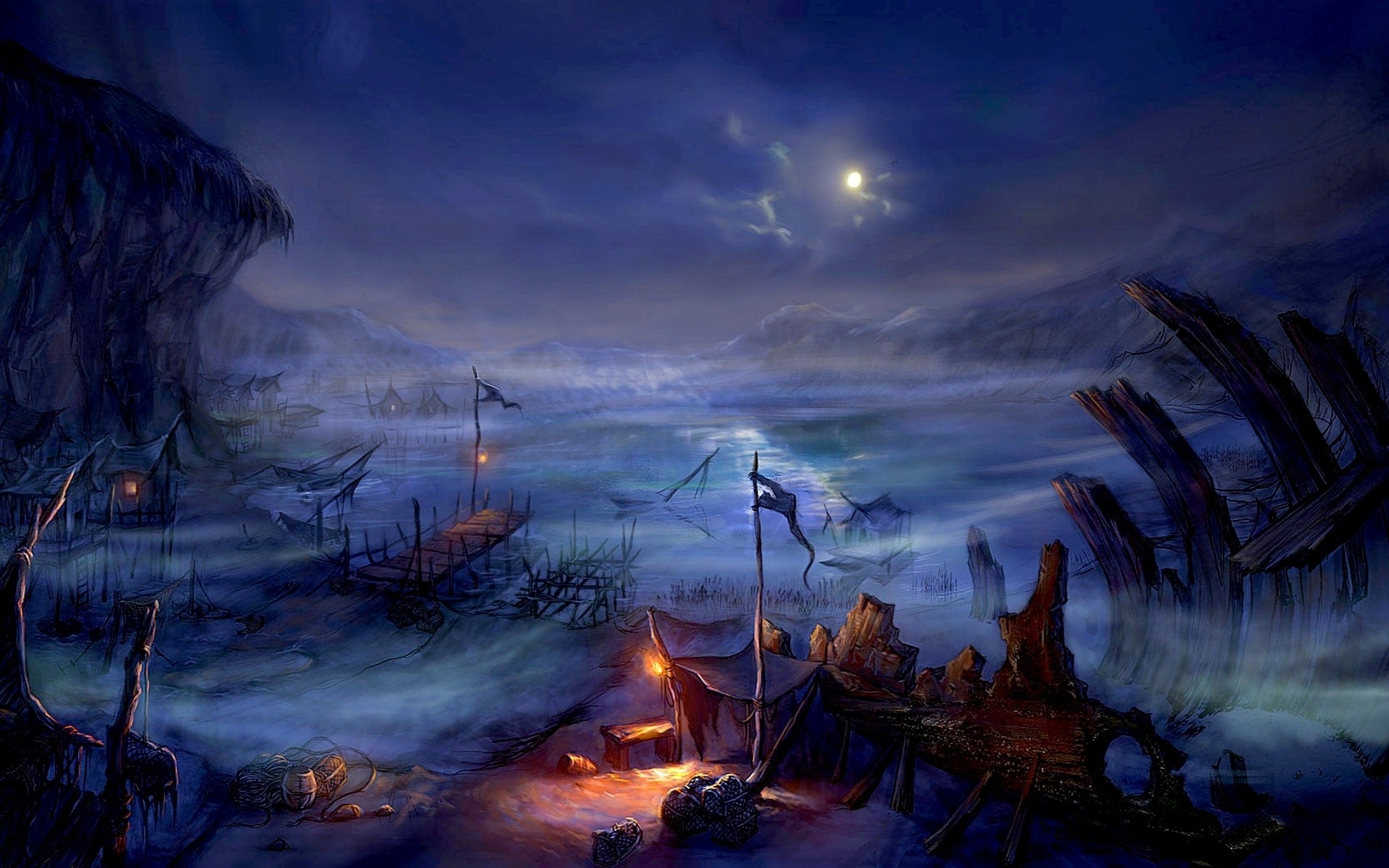 Fantasy art of a misty, moonlit swamp village HD Wallpaper