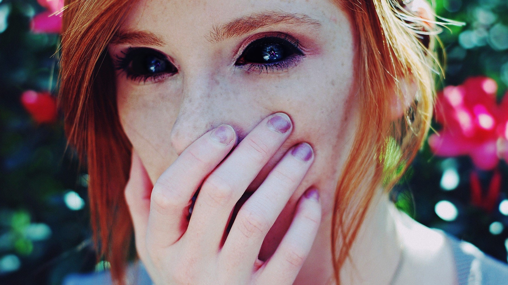 Woman with black eyes and red hair HD Wallpaper