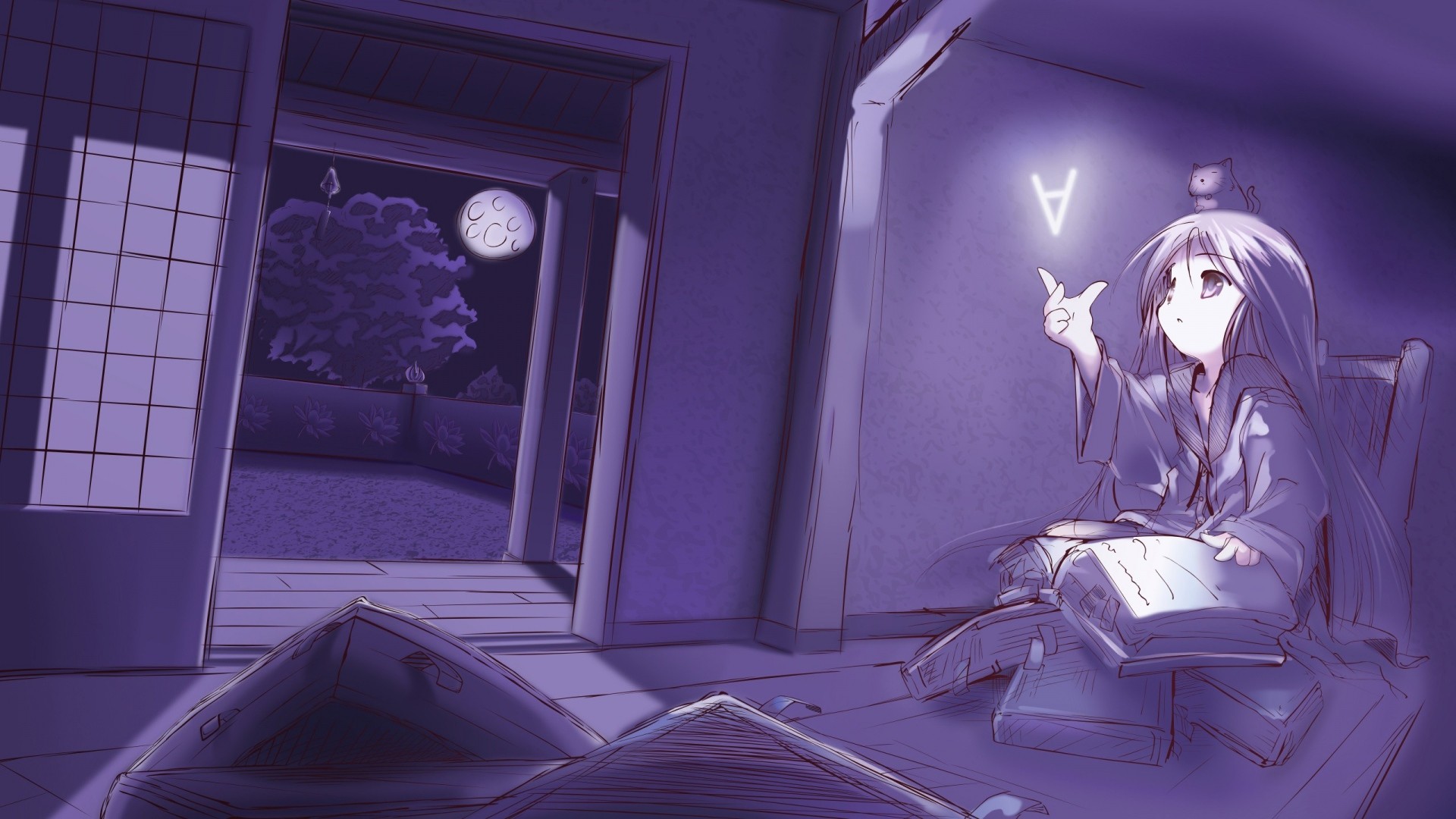 Anime girl with a cat and a glowing symbol HD Wallpaper