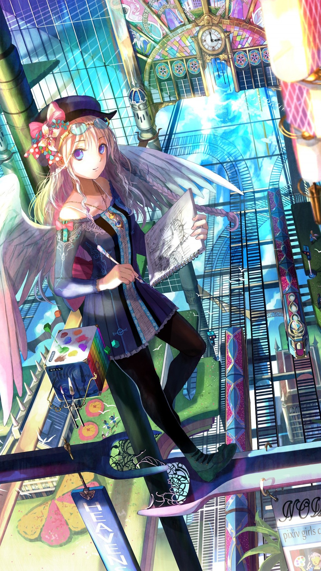 Anime girl with wings drawing in a futuristic city HD Wallpaper