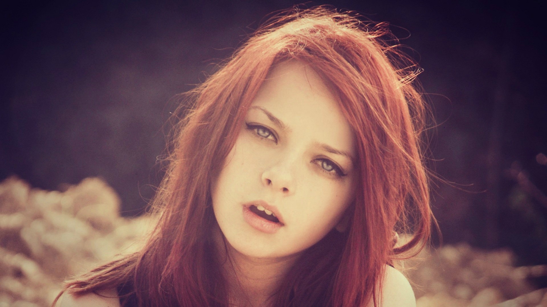 Portrait of a young woman with red hair and green eyes HD Wallpaper