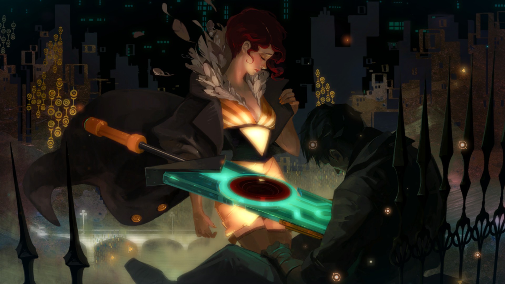 Red and a man with a sword in Transistor HD Wallpaper