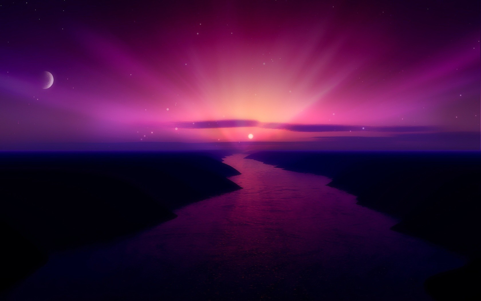 Digital art of a river reflecting a purple sunset with stars and a moon HD Wallpaper
