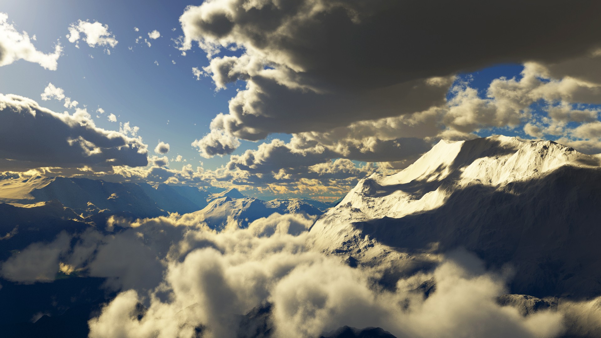 Snow-capped mountains under a cloudy sky HD Wallpaper