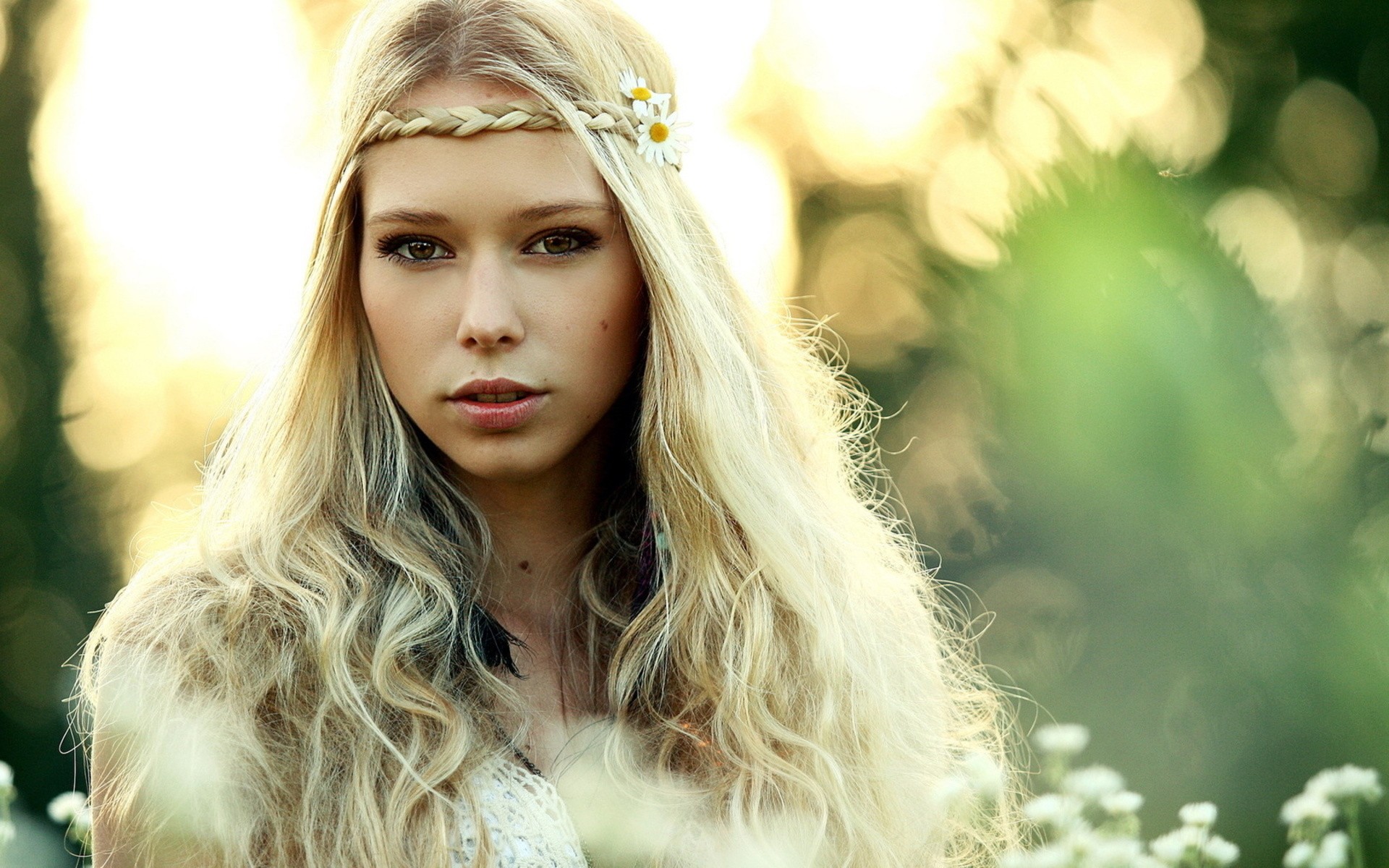Blonde woman with braided headband and flowers HD Wallpaper