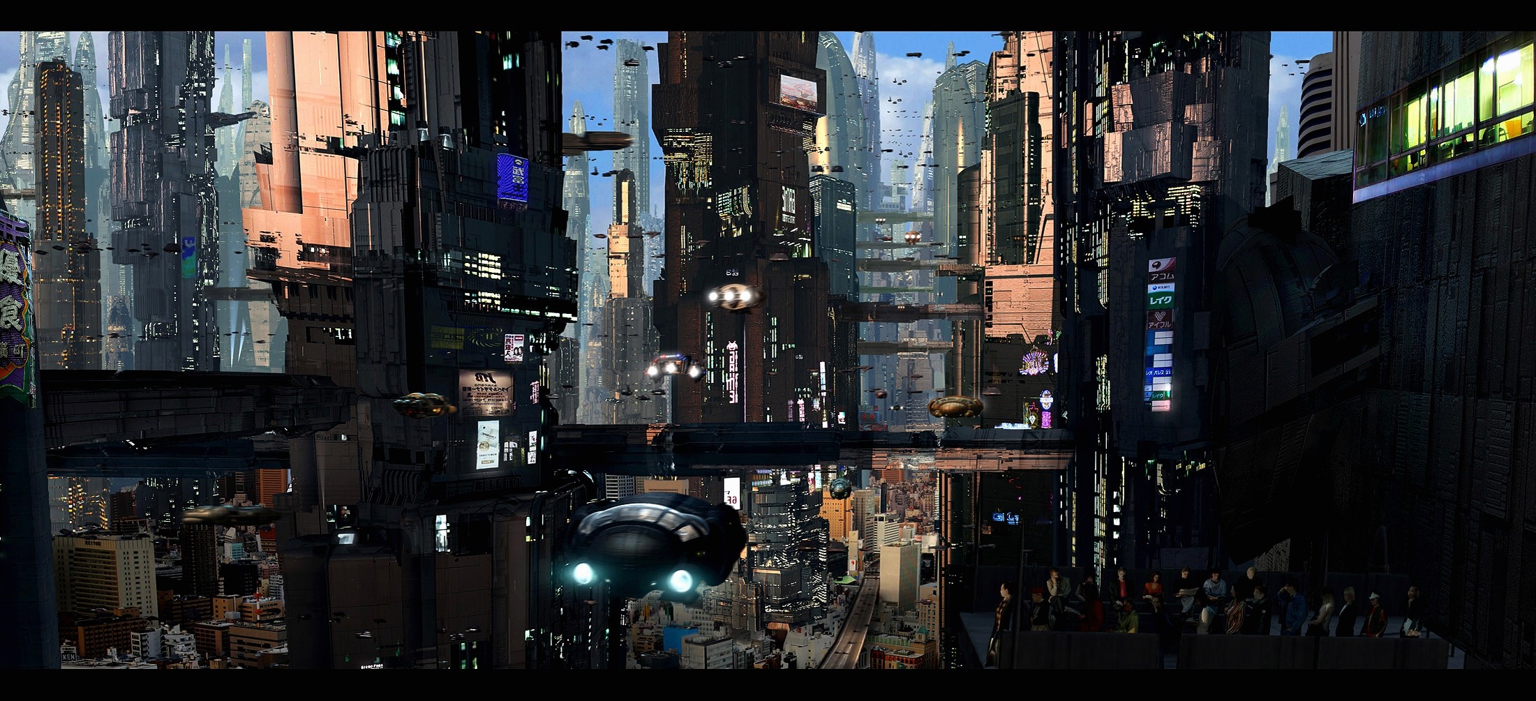 Futuristic cityscape with flying vehicles HD Wallpaper