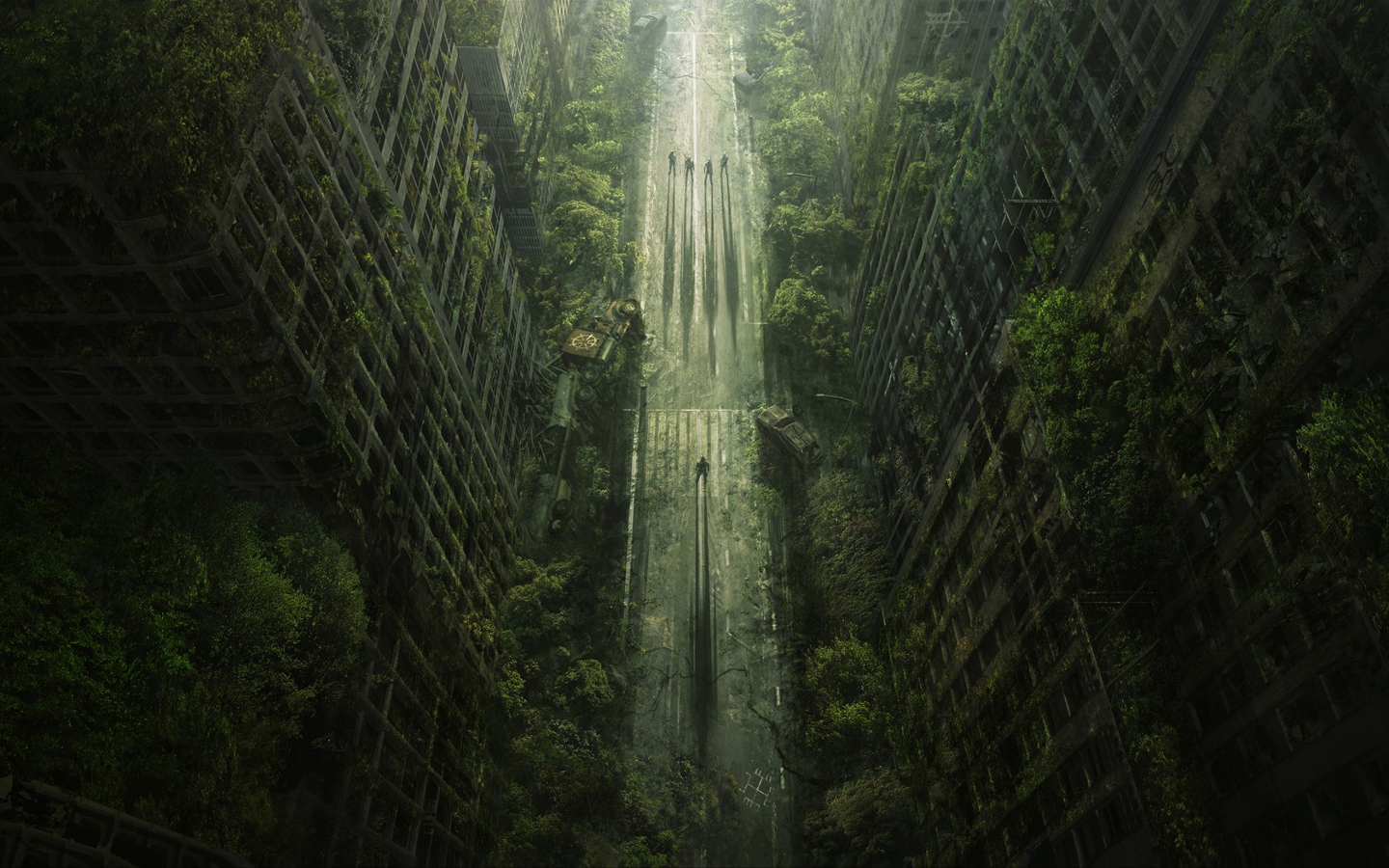Digital art of a post-apocalyptic city overgrown with plants HD Wallpaper