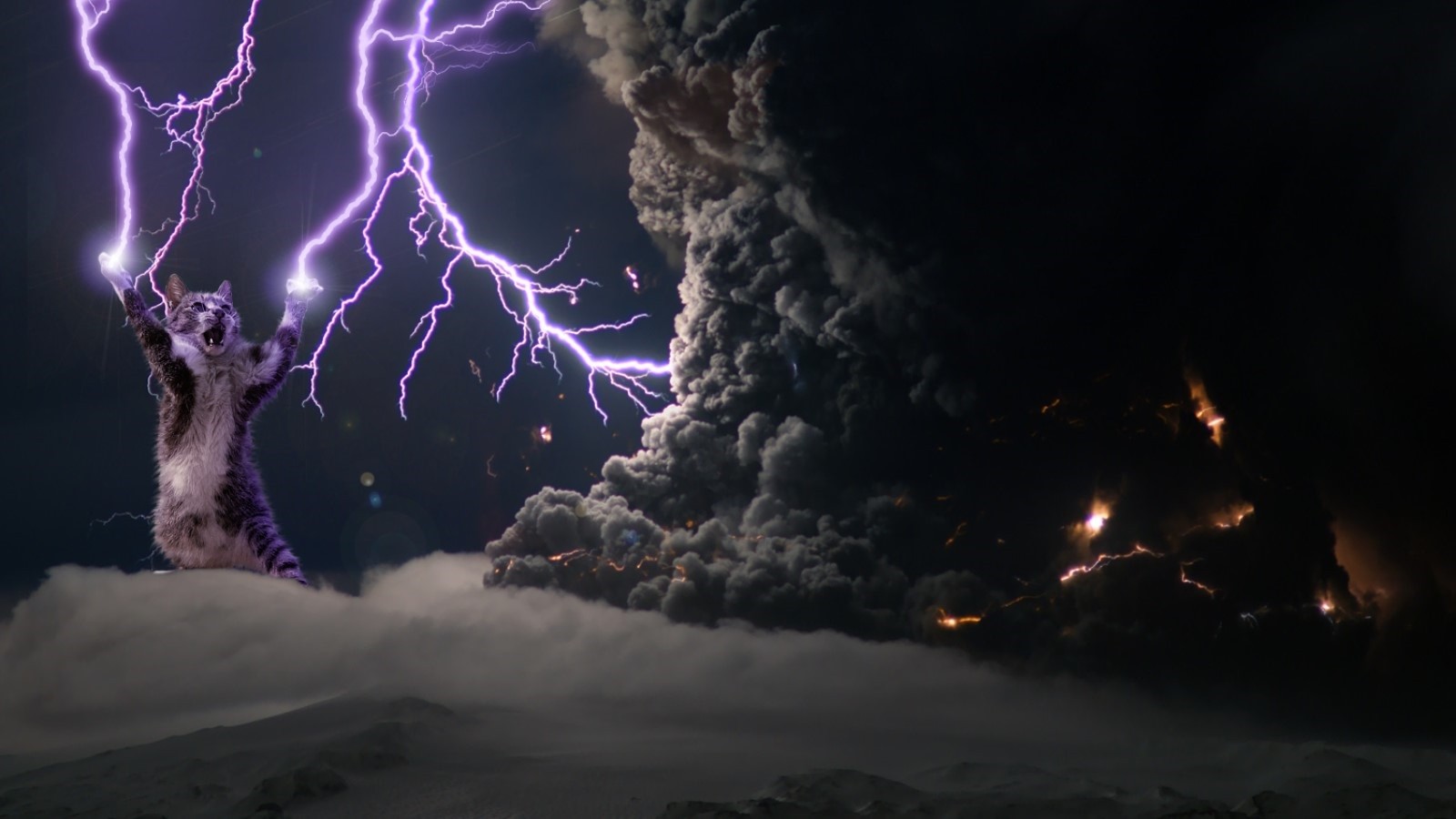 Cat wielding lightning during volcanic eruption HD Wallpaper