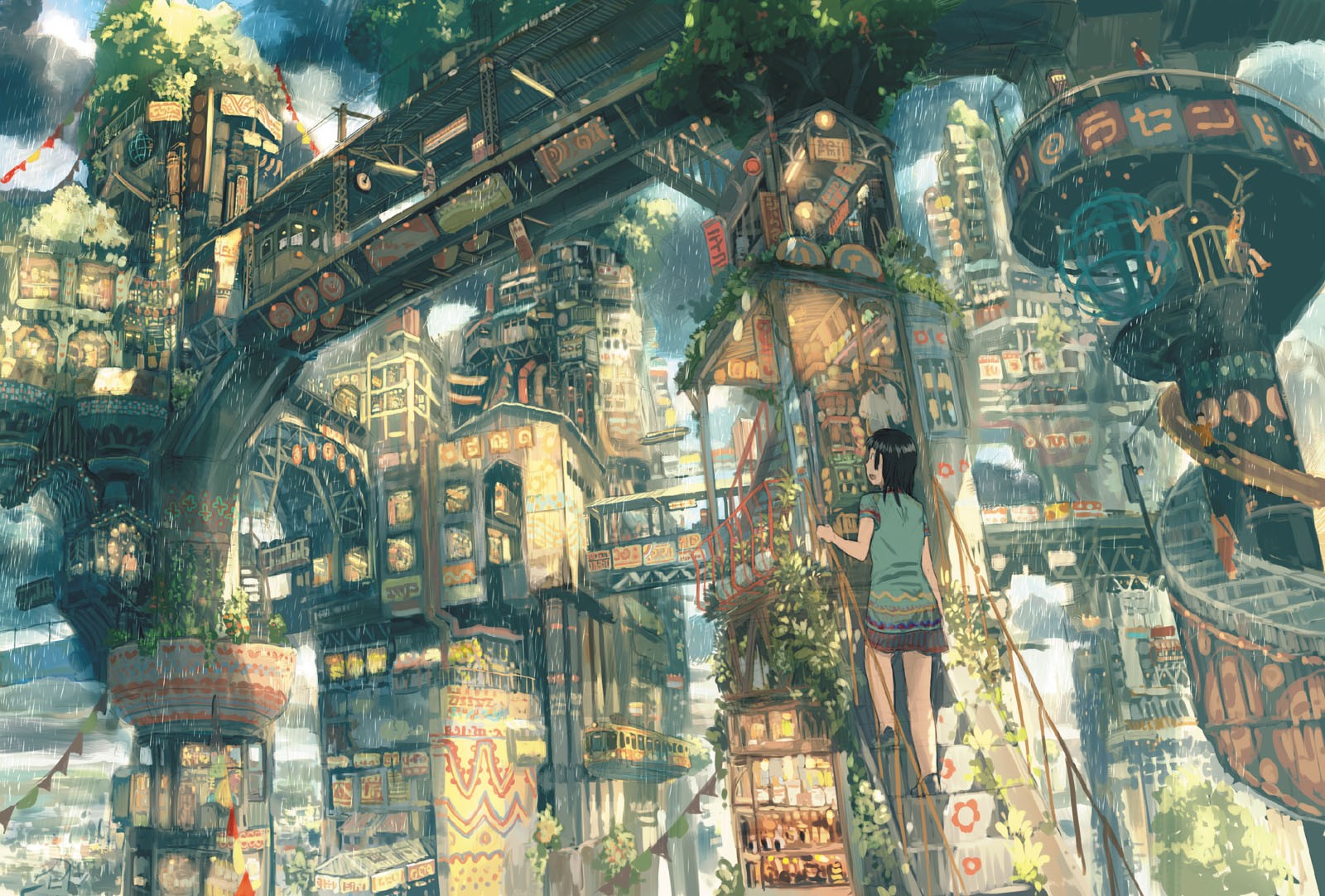 Girl on stairs in a rainy, futuristic city HD Wallpaper