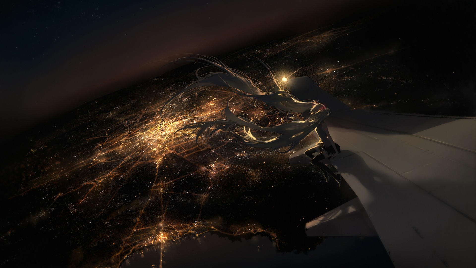 Hatsune Miku on an airplane wing over a cityscape at night HD Wallpaper
