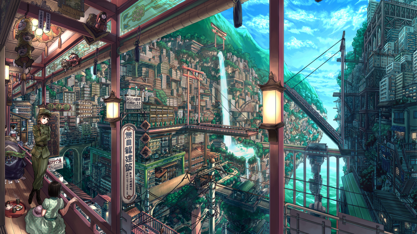 cityscape, anime, waterfall, balcony, anime girls HD Wallpaper