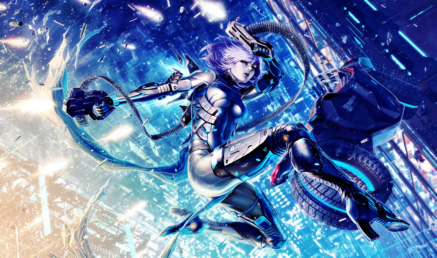 Anime cyborg girl with guns and motorcycle HD Wallpaper