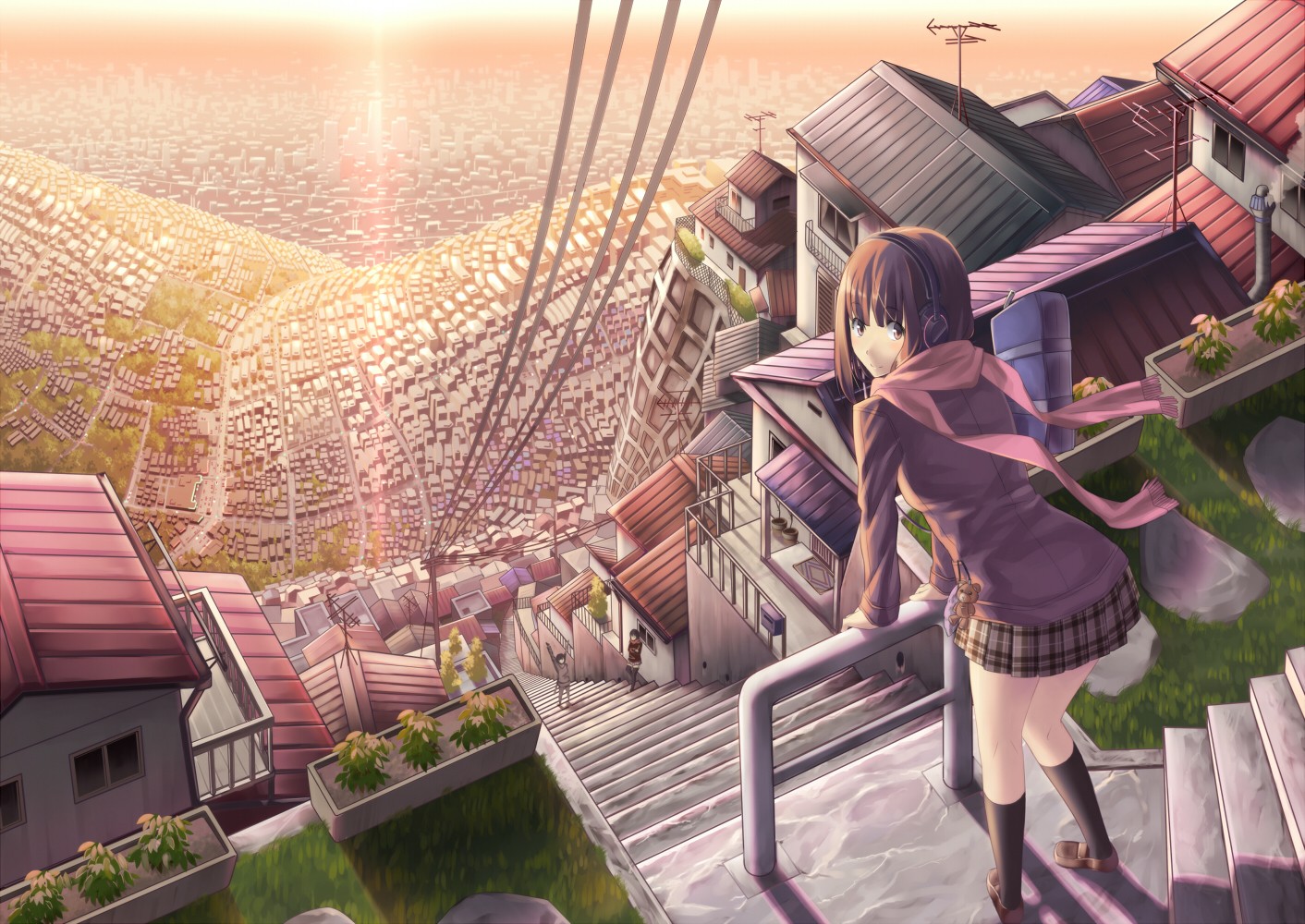 Anime girl with headphones overlooking a sprawling cityscape at sunset HD Wallpaper