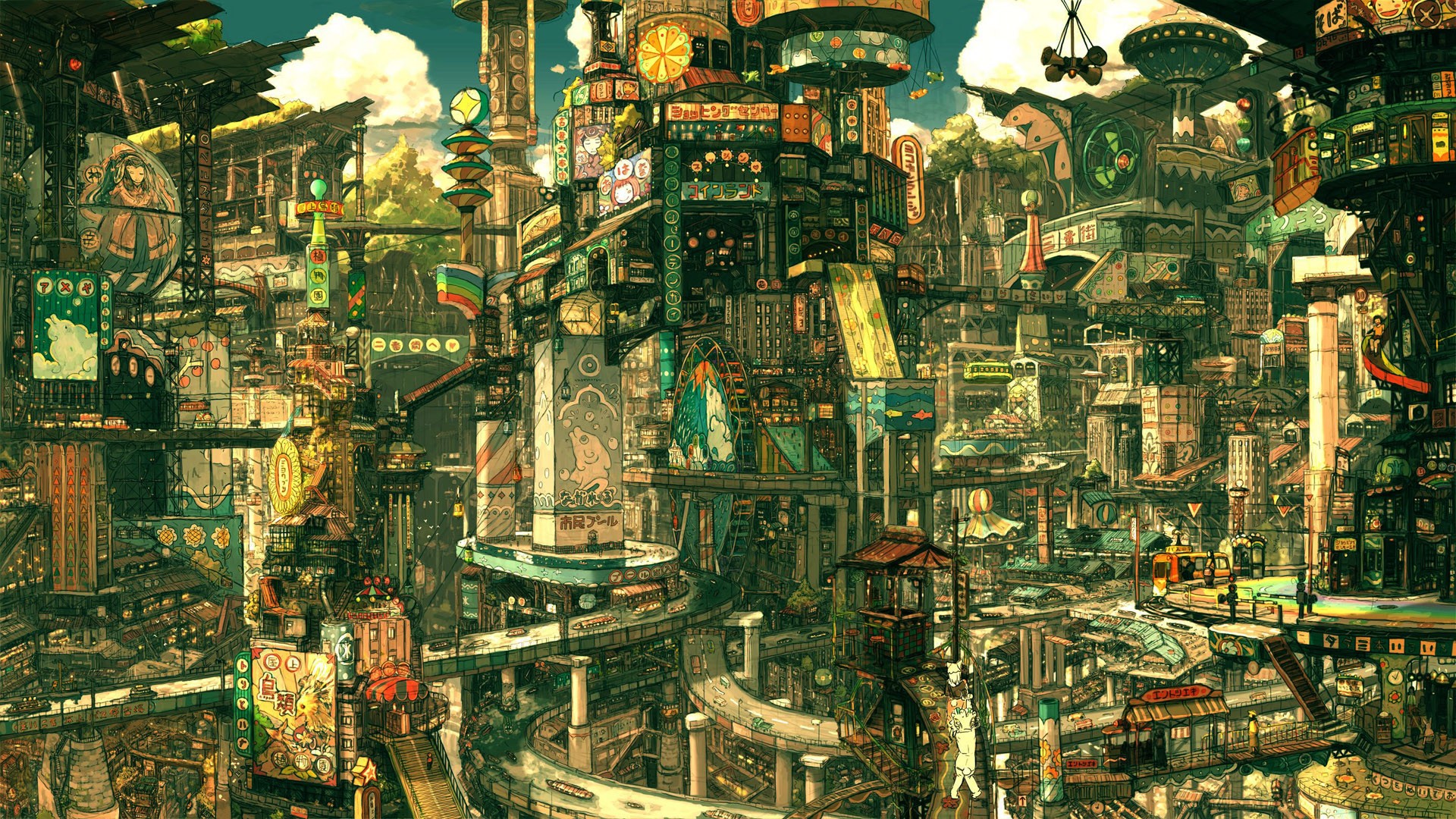 Anime cityscape with towering buildings and signs HD Wallpaper