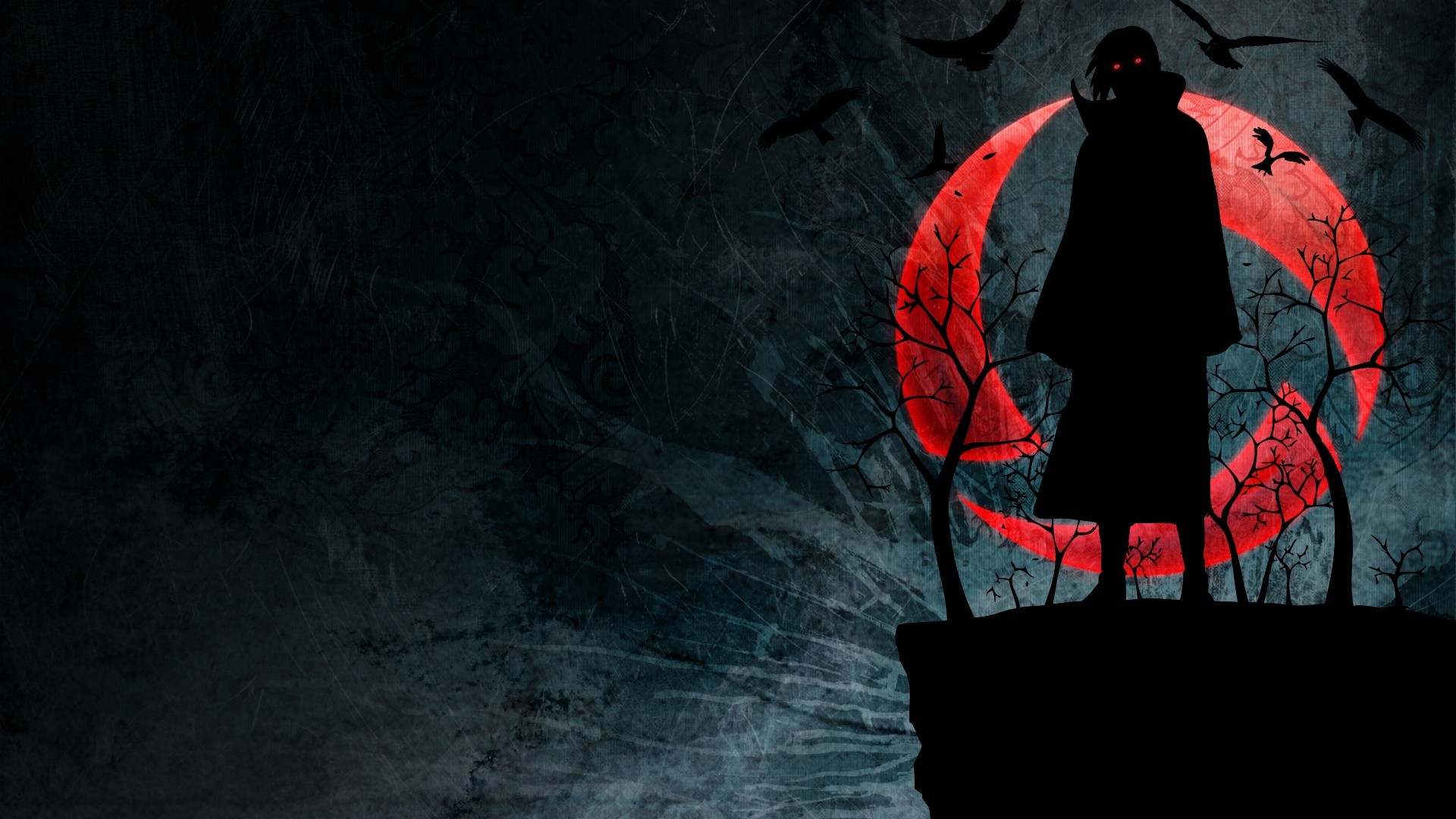 Uchiha Itachi with glowing eyes and ravens HD Wallpaper