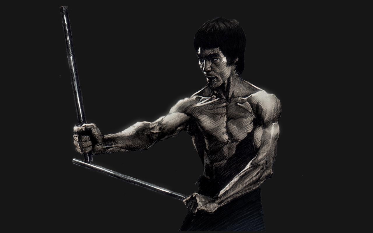 Artwork of Bruce Lee holding nunchucks HD Wallpaper