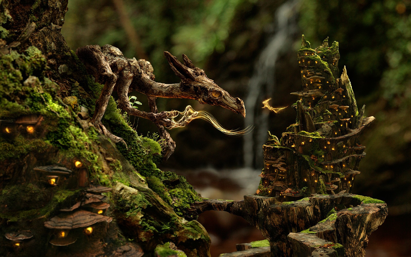 Fantasy dragon and mushroom village near waterfall HD Wallpaper