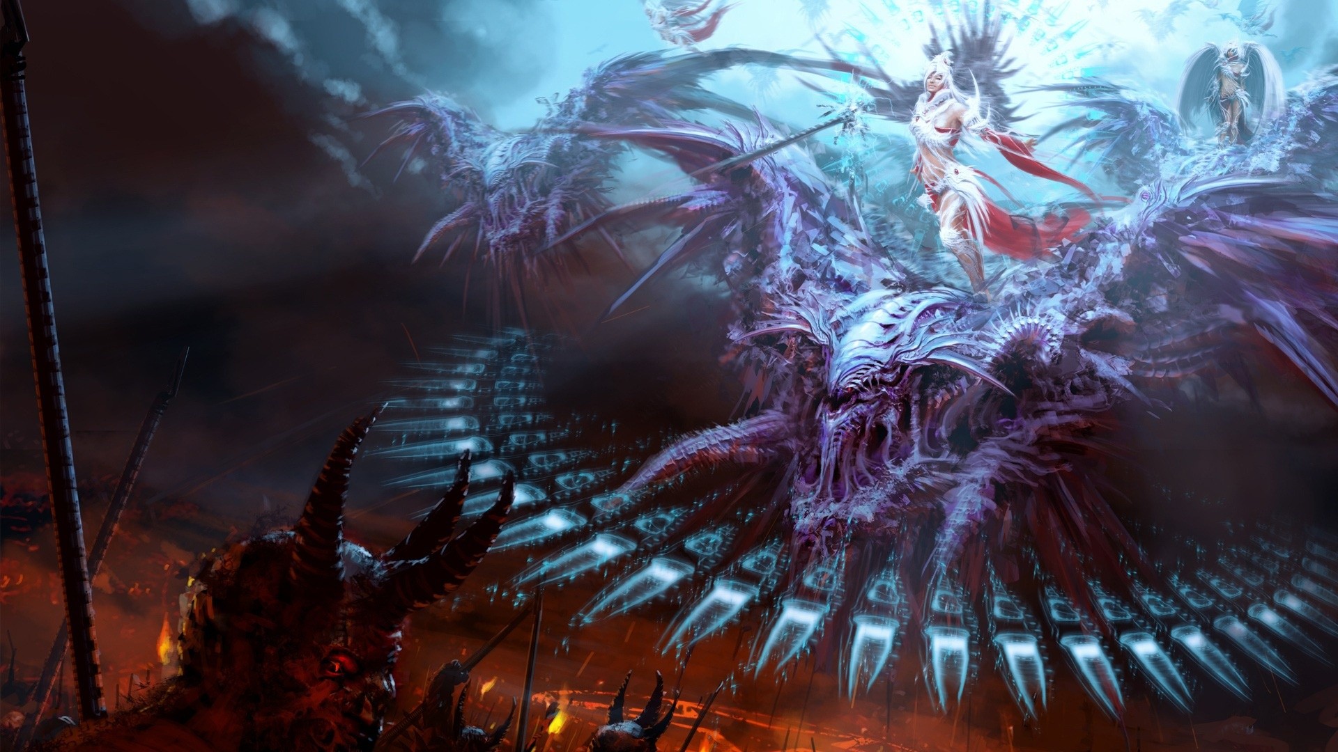Fantasy girl fighting a demon bird HD Wallpaper