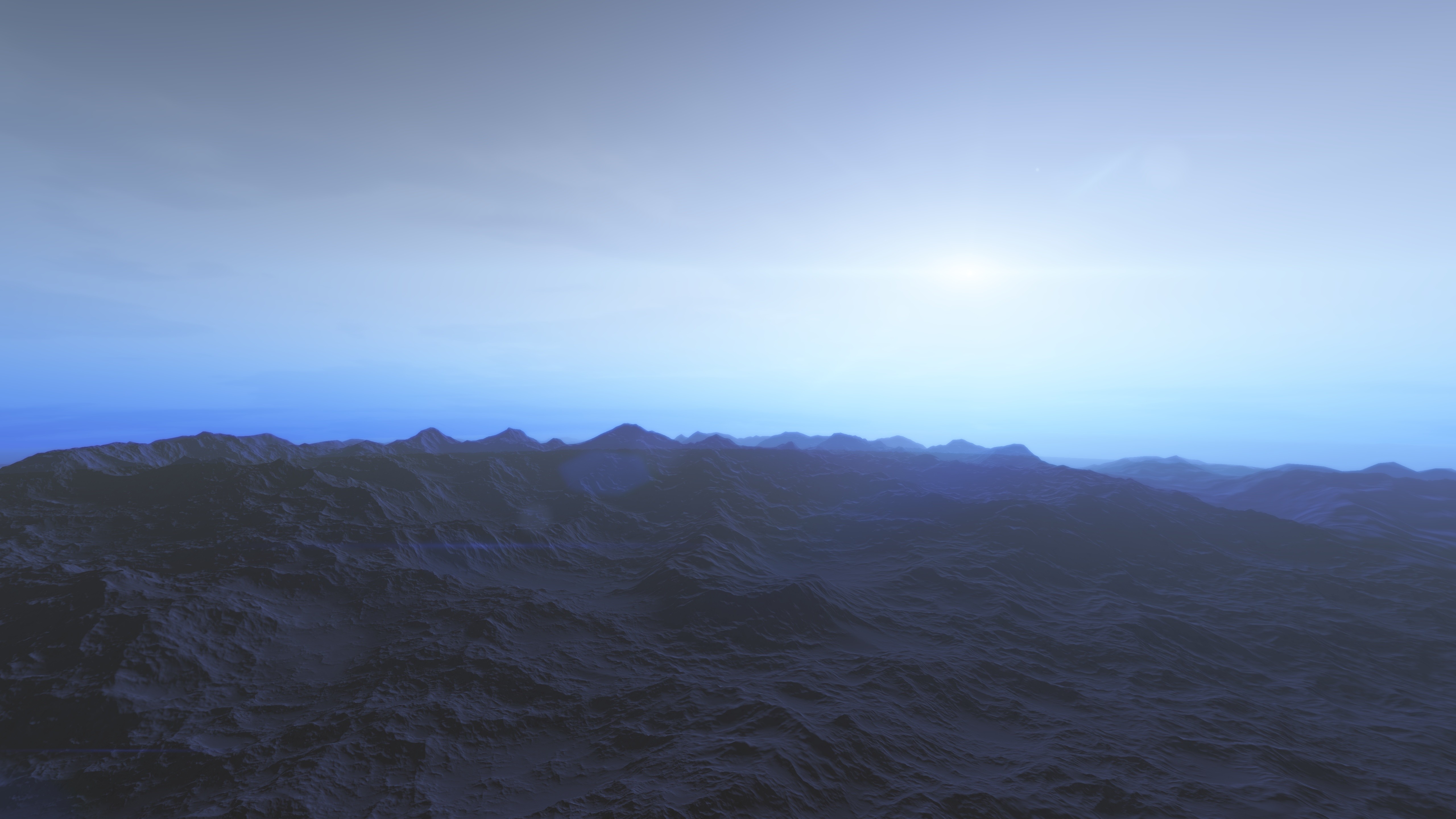 Digital art of a planet with mountains and a bright sky HD Wallpaper