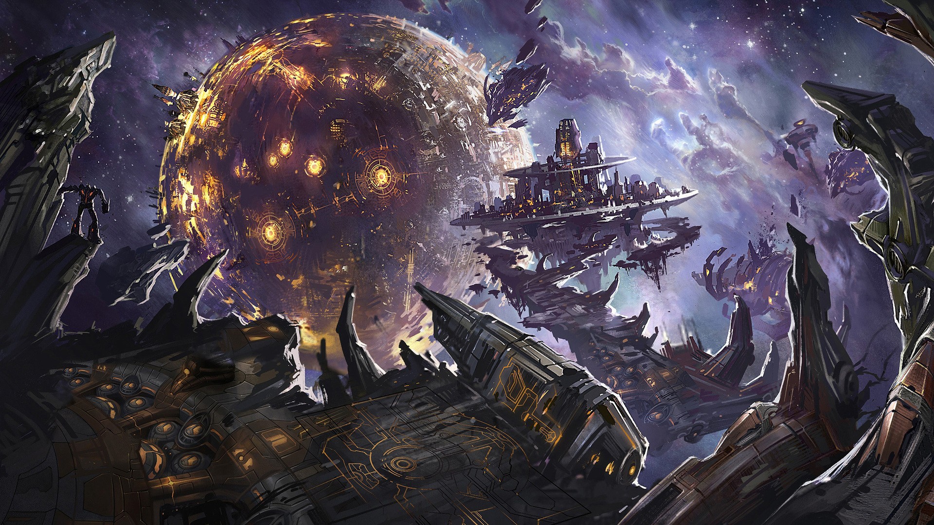 Science fiction artwork of a futuristic space battle HD Wallpaper
