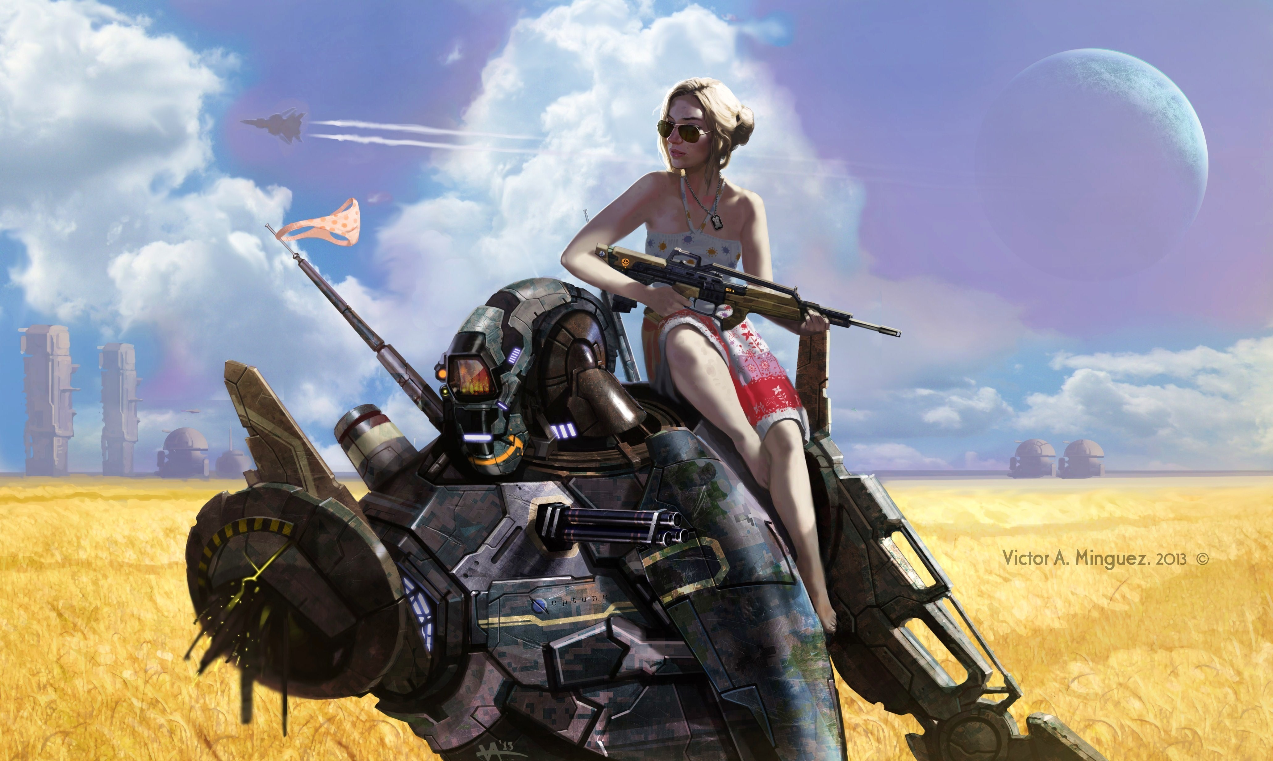 Woman with rifle riding a mech in a wheat field HD Wallpaper