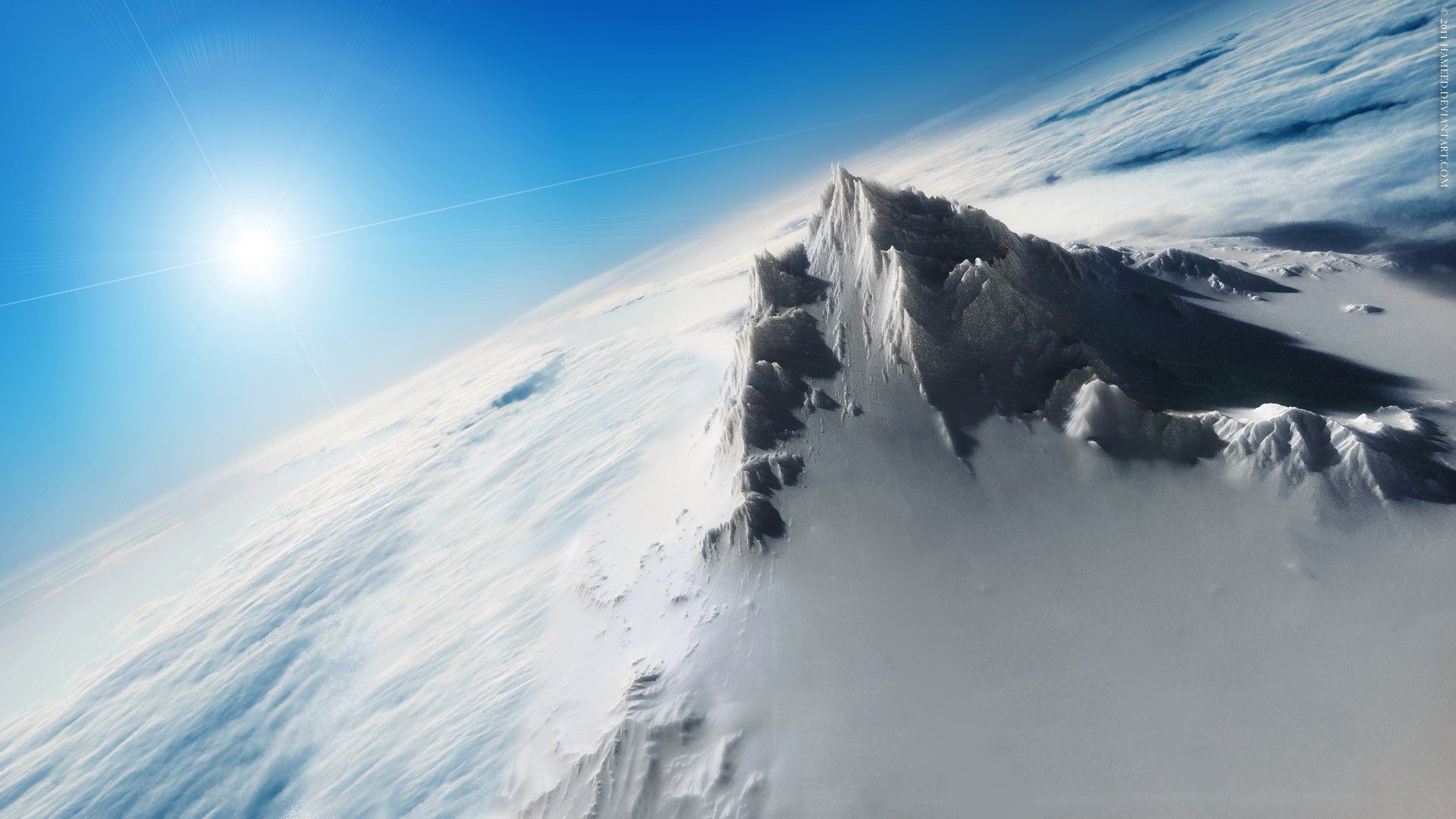 Snowy mountains on Earth from space with sun HD Wallpaper