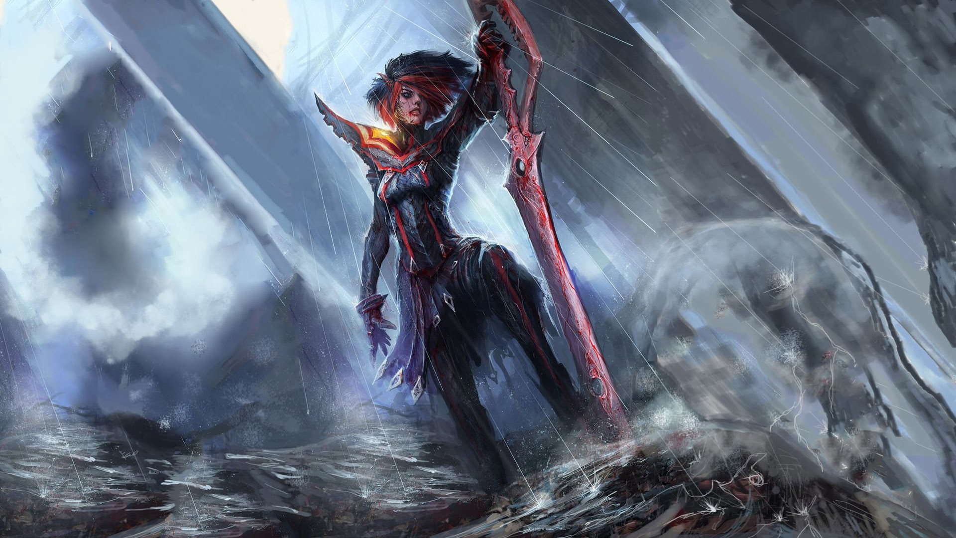 Ryuko Matoi with a giant sword in the rain HD Wallpaper