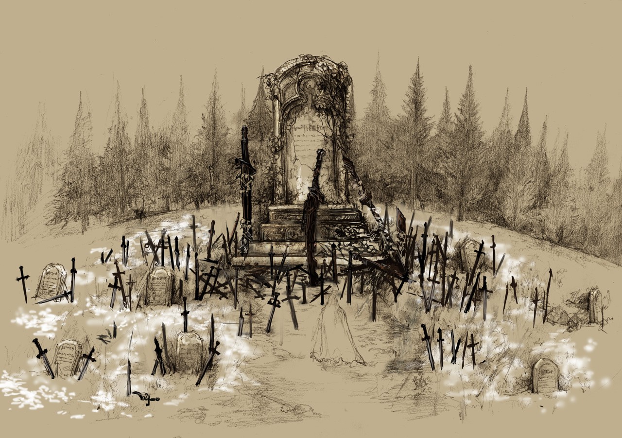 Dark Souls graveyard with tombstones and swords HD Wallpaper