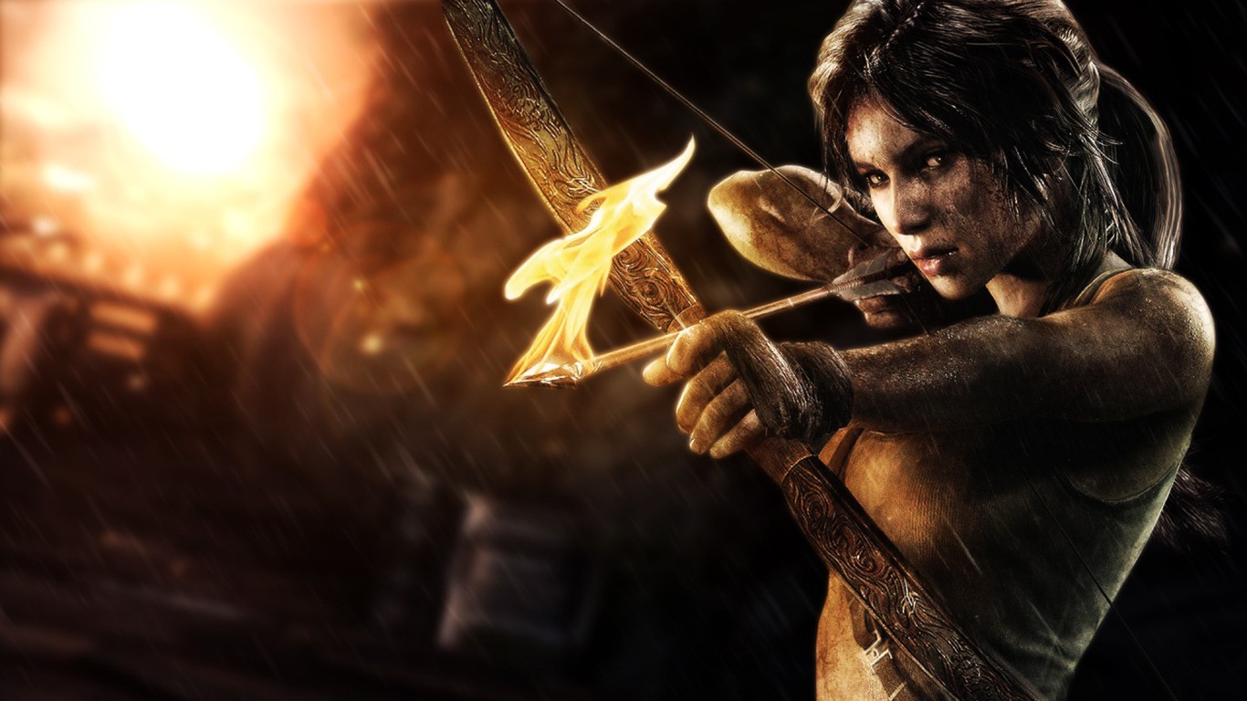 Lara Croft with flaming arrow in Tomb Raider HD Wallpaper