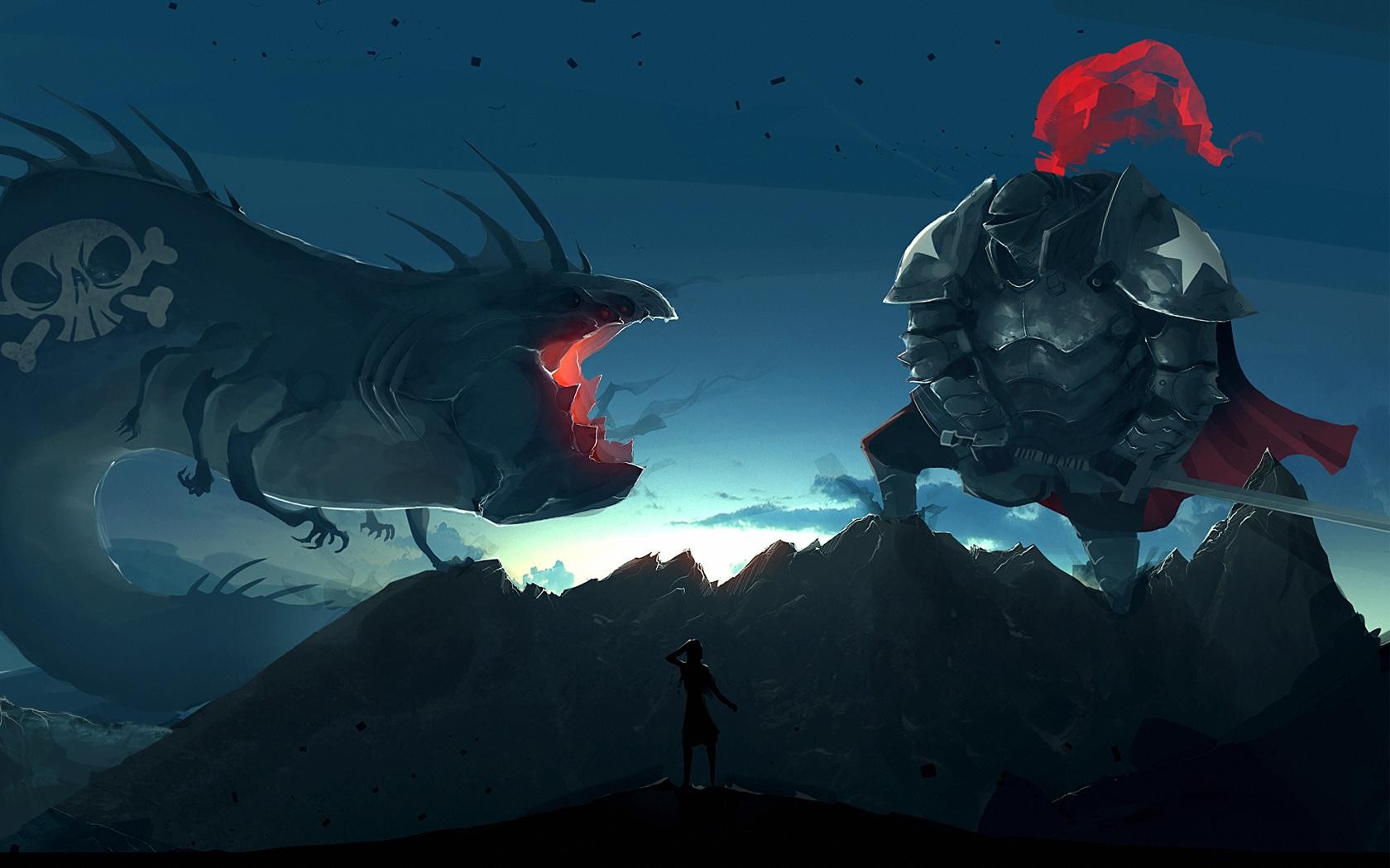 Knight battles a dragon on mountains HD Wallpaper