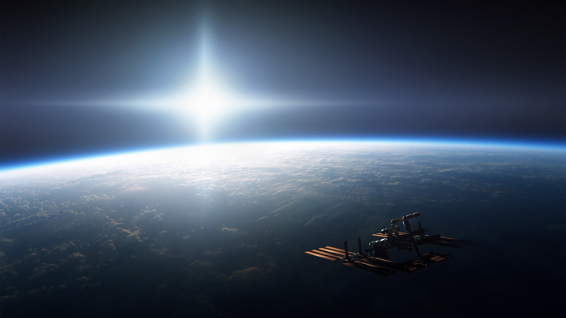 Space station orbiting Earth with bright sun HD Wallpaper