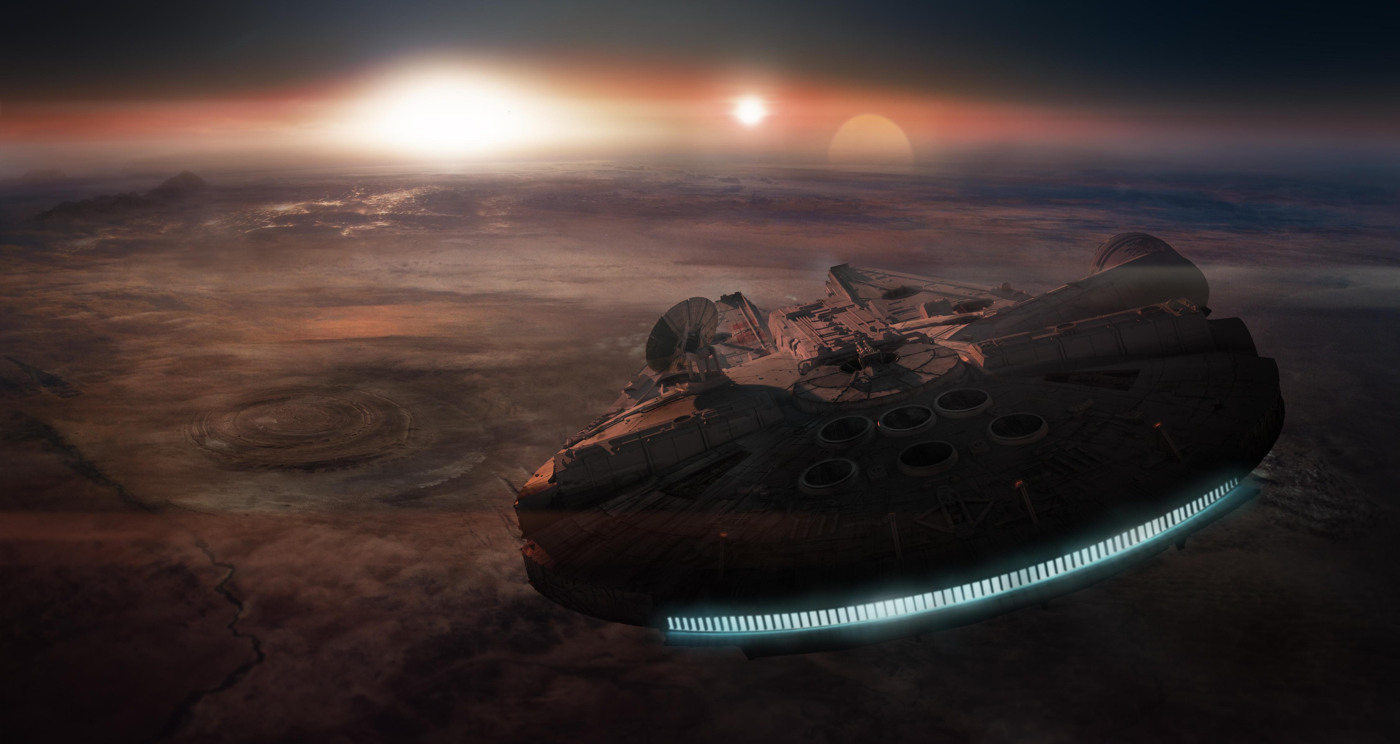 Millennium Falcon flying over a desert planet at sunset HD Wallpaper