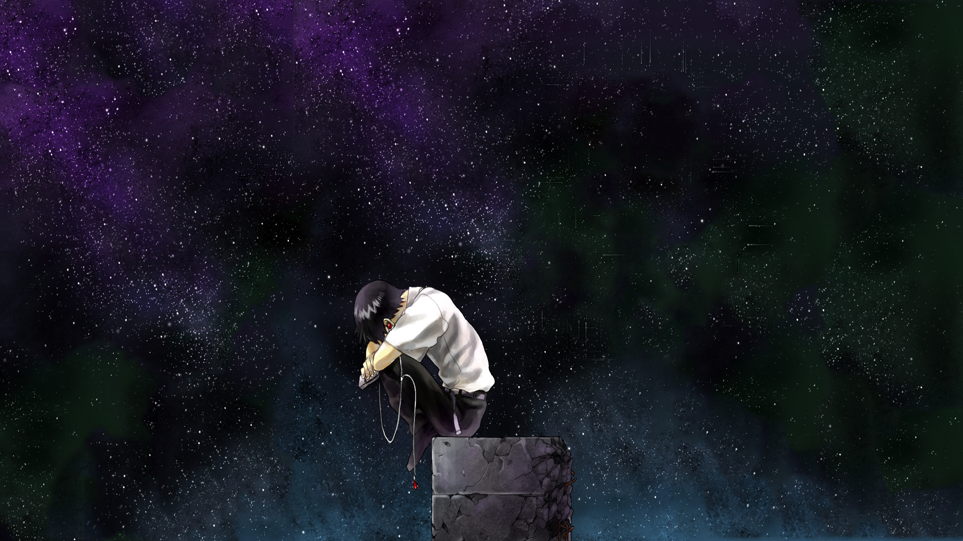 Shinji Ikari sitting on a block under the stars HD Wallpaper
