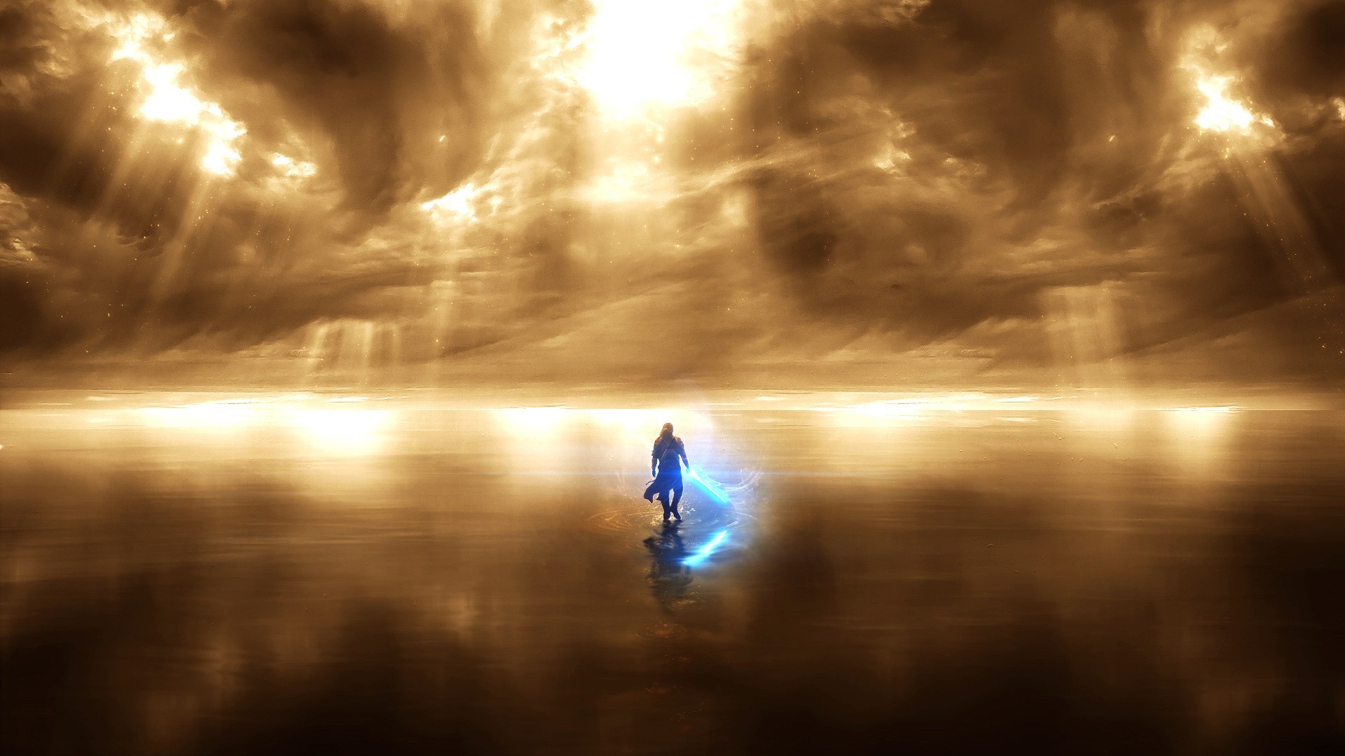 Warrior with a glowing sword on a reflective surface HD Wallpaper