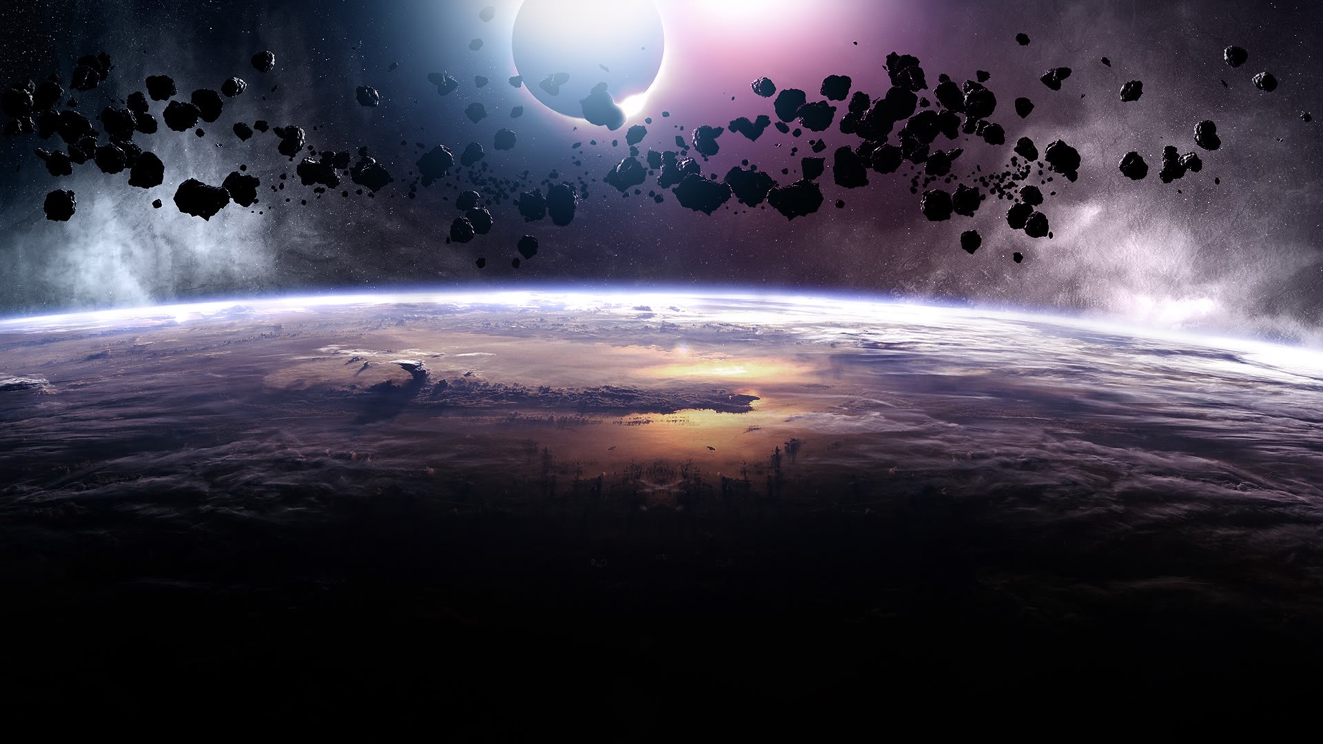 Planet and asteroid belt in space HD Wallpaper