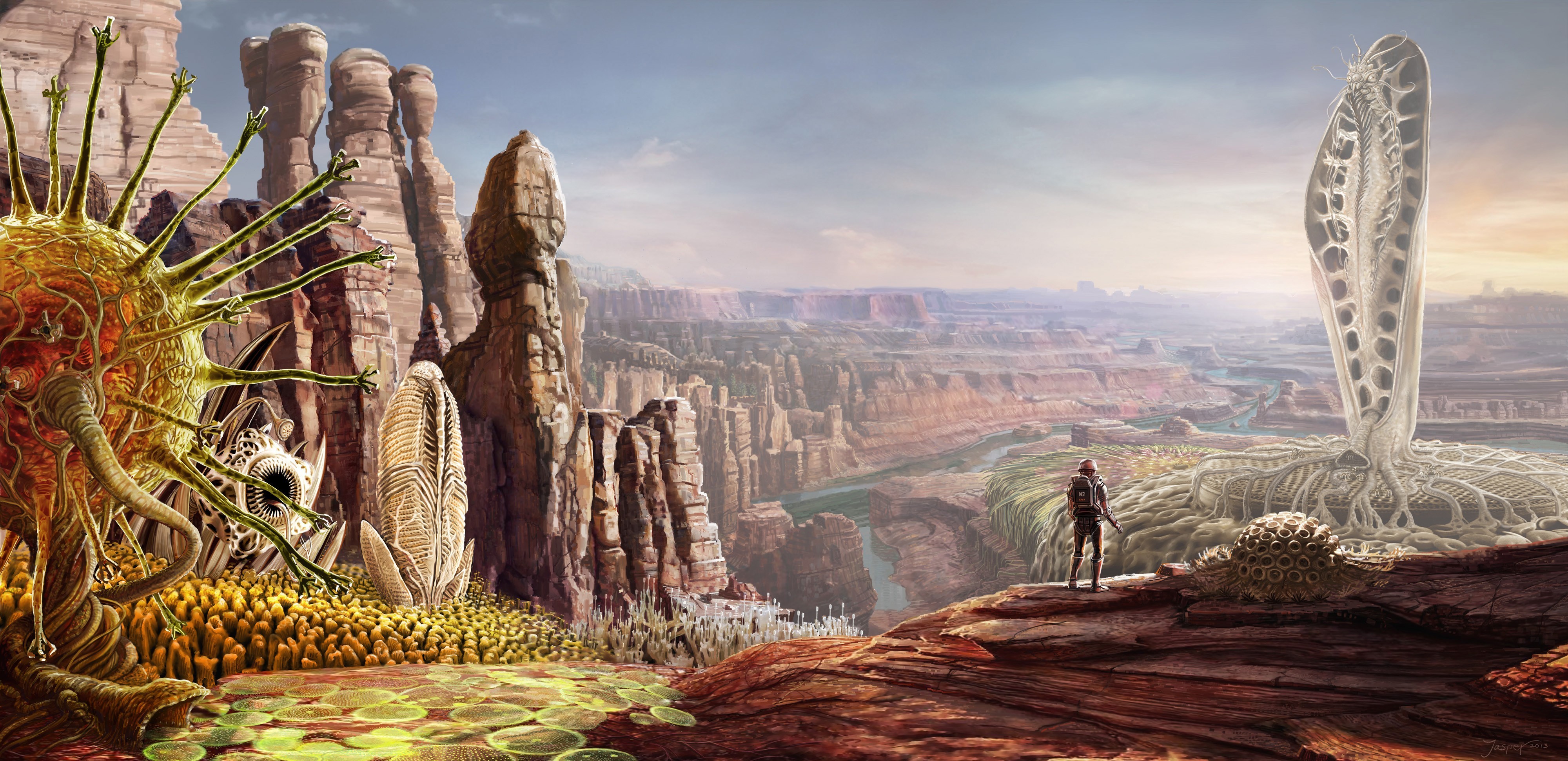 Alien planet landscape with strange flora and a lone astronaut HD Wallpaper