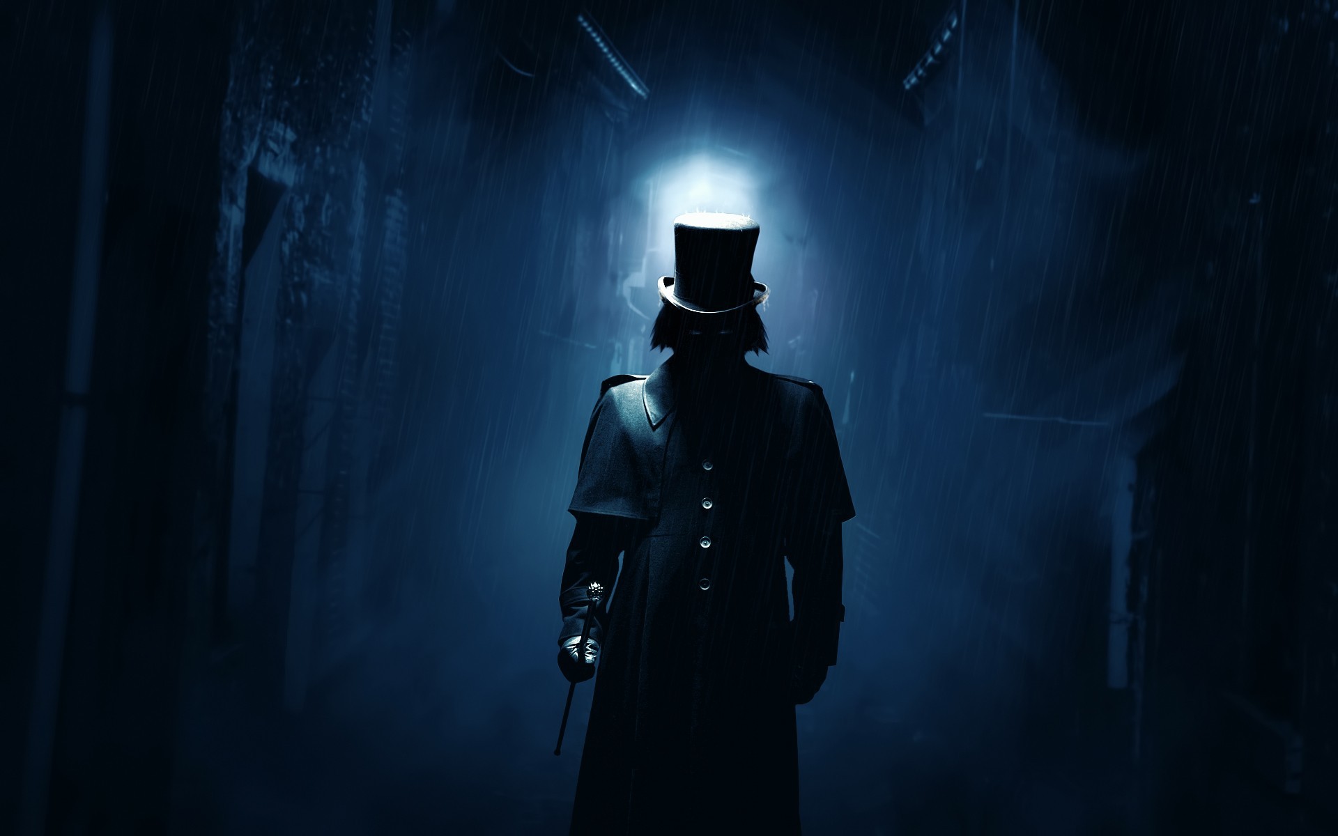 A figure in a top hat and trench coat in a dark alley HD Wallpaper