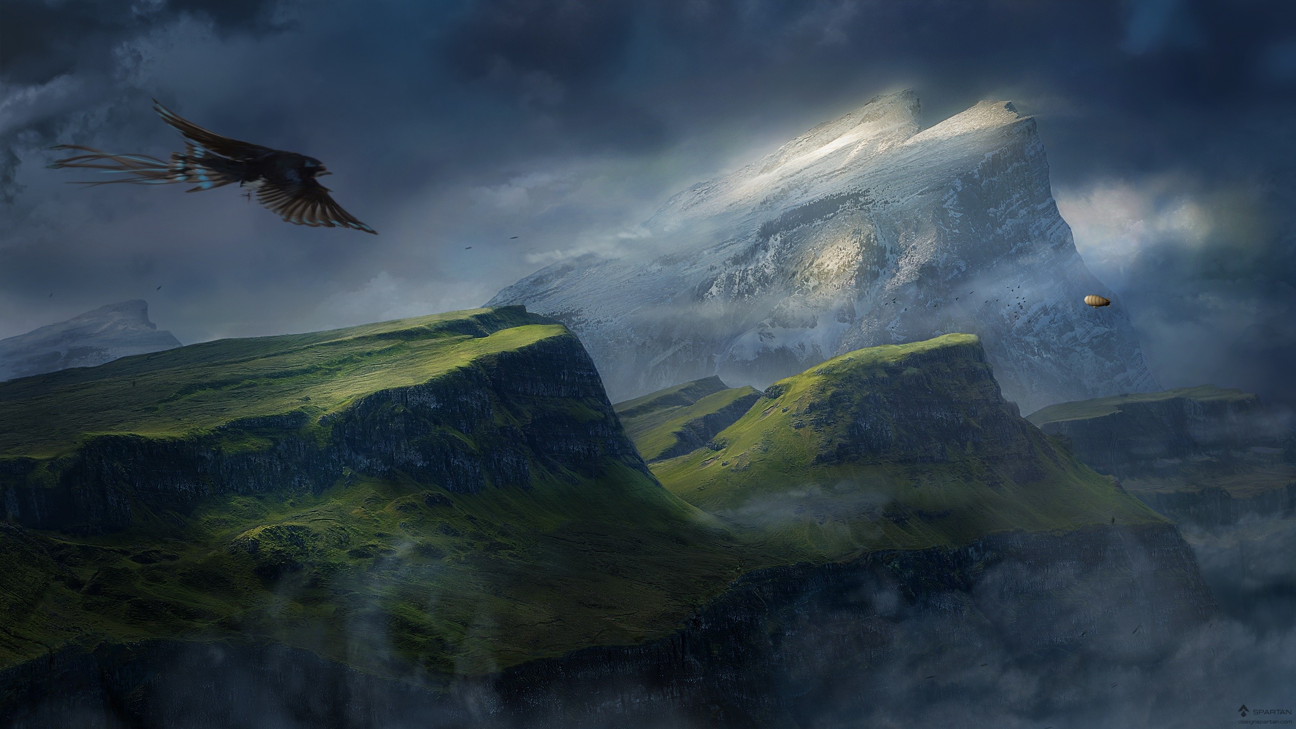 Digital art of a bird flying over mountains HD Wallpaper