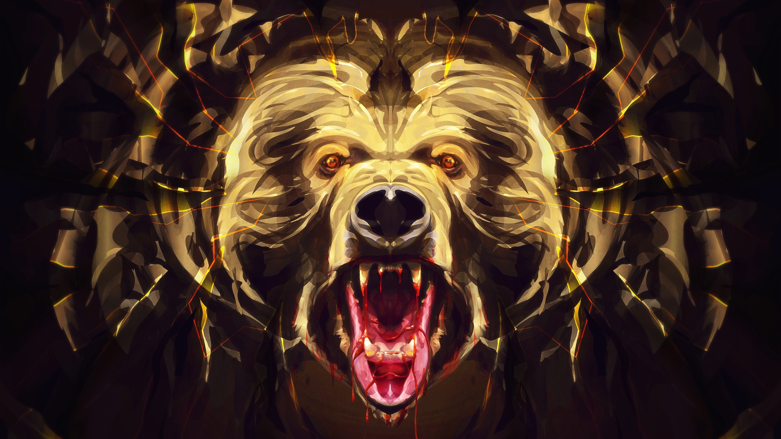 Digital art of a roaring bear with glowing accents HD Wallpaper