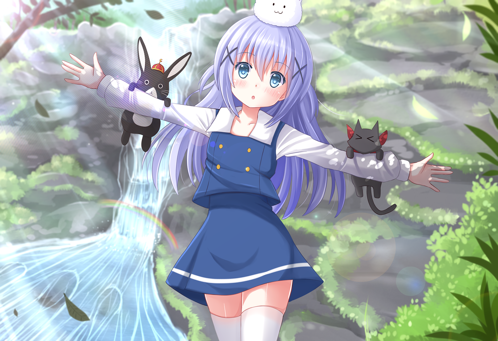 Kafuu Chino with a rabbit and cat in a forest HD Wallpaper