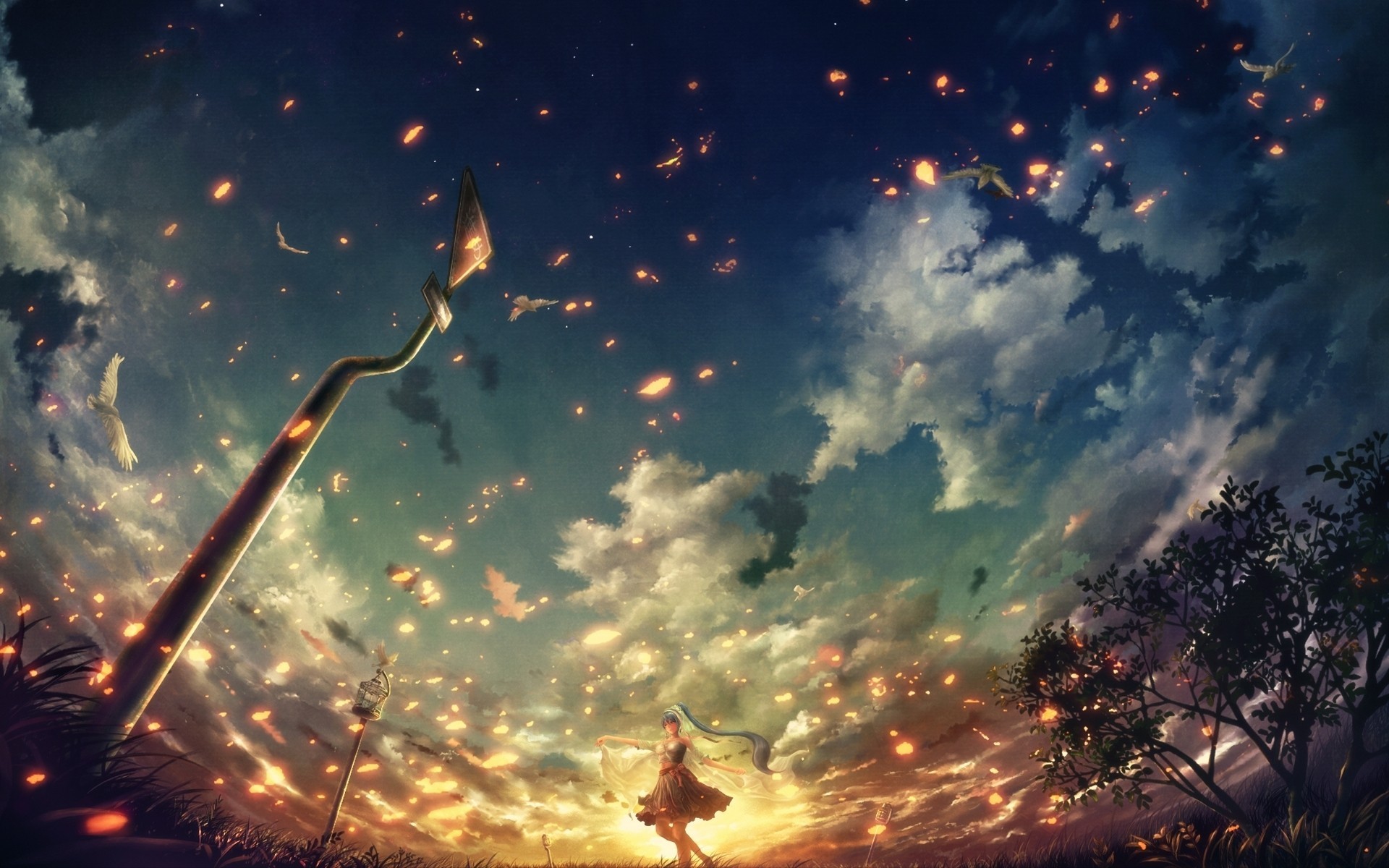 Anime girl with flowing hair in a field of lights HD Wallpaper