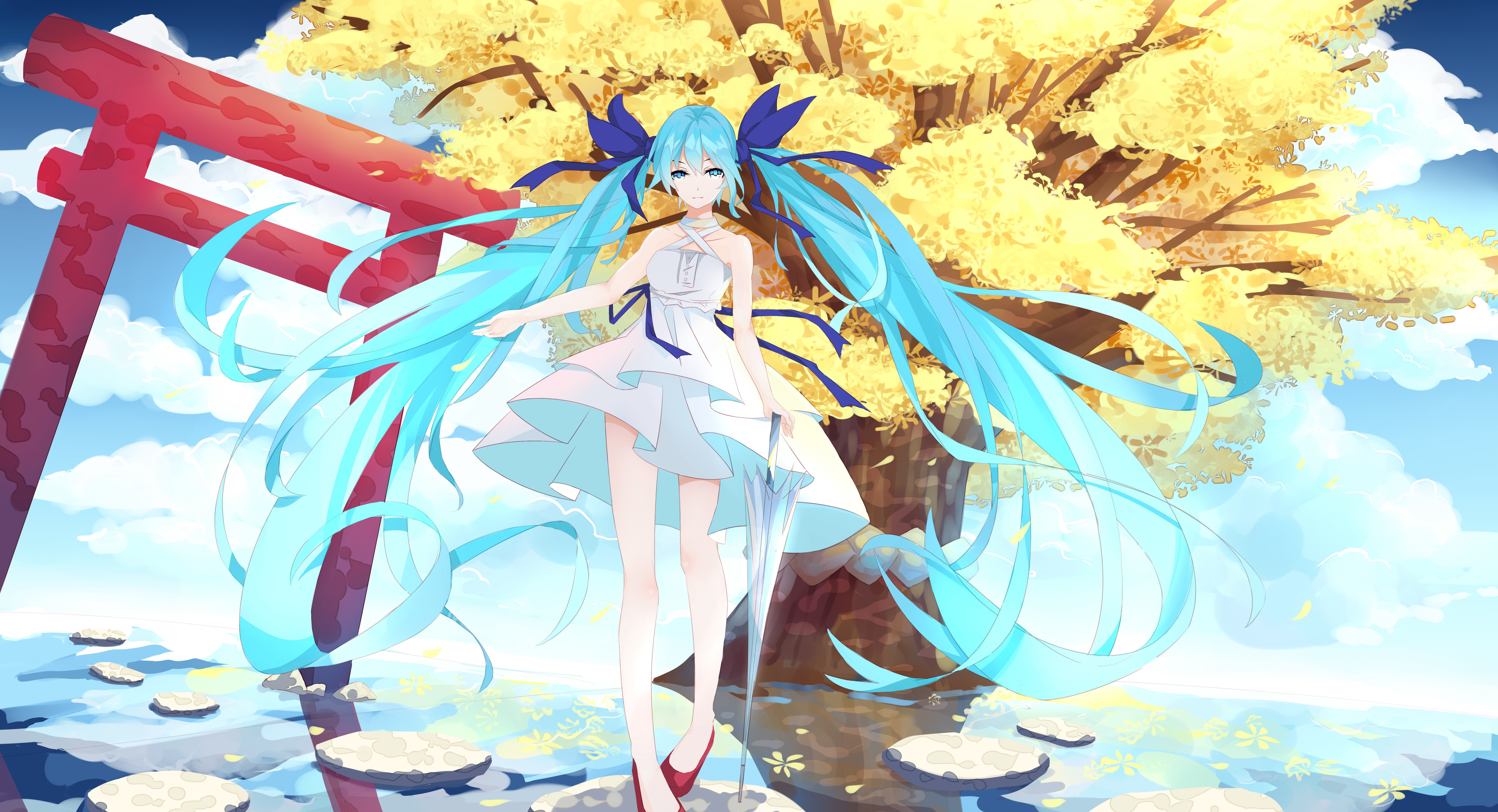 Hatsune Miku in a white dress under a torii gate HD Wallpaper