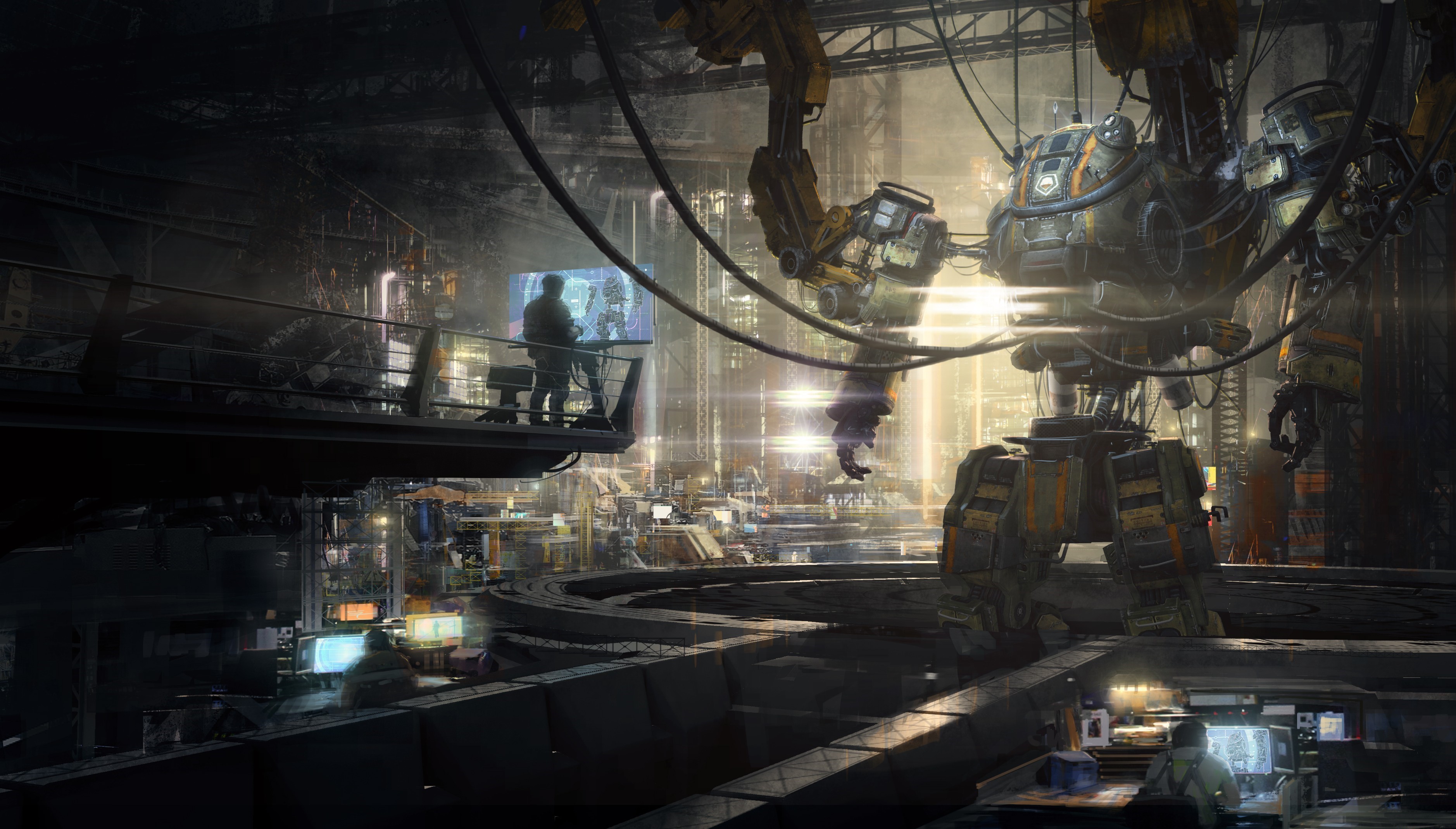 Science fiction artwork of a giant robot in a workshop HD Wallpaper