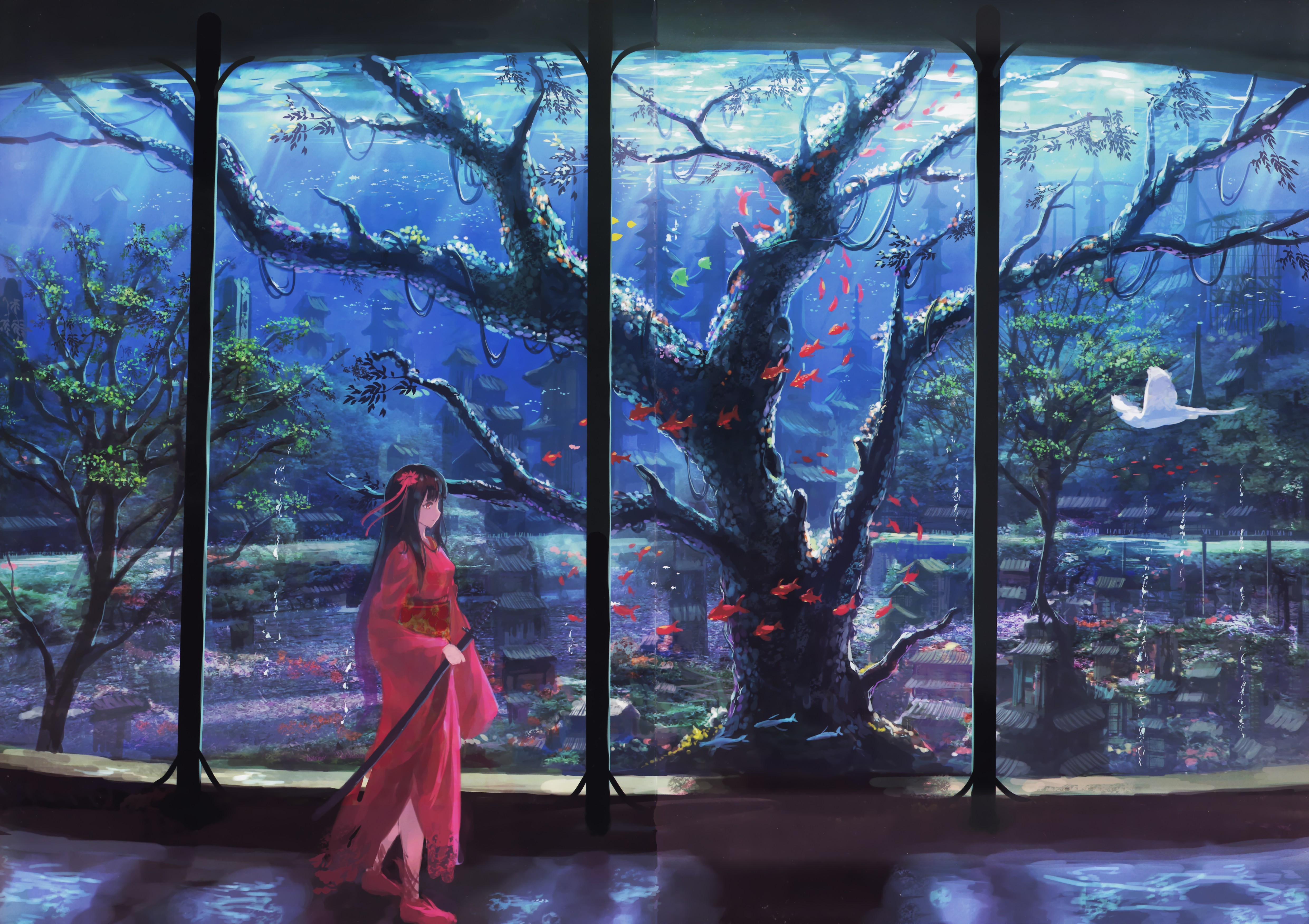 Anime girl in red kimono with sword in underwater forest HD Wallpaper