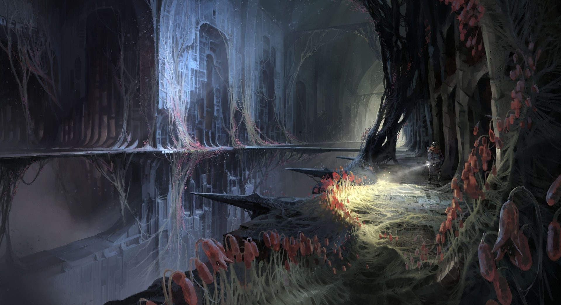 Futuristic science fiction artwork of an alien cave HD Wallpaper