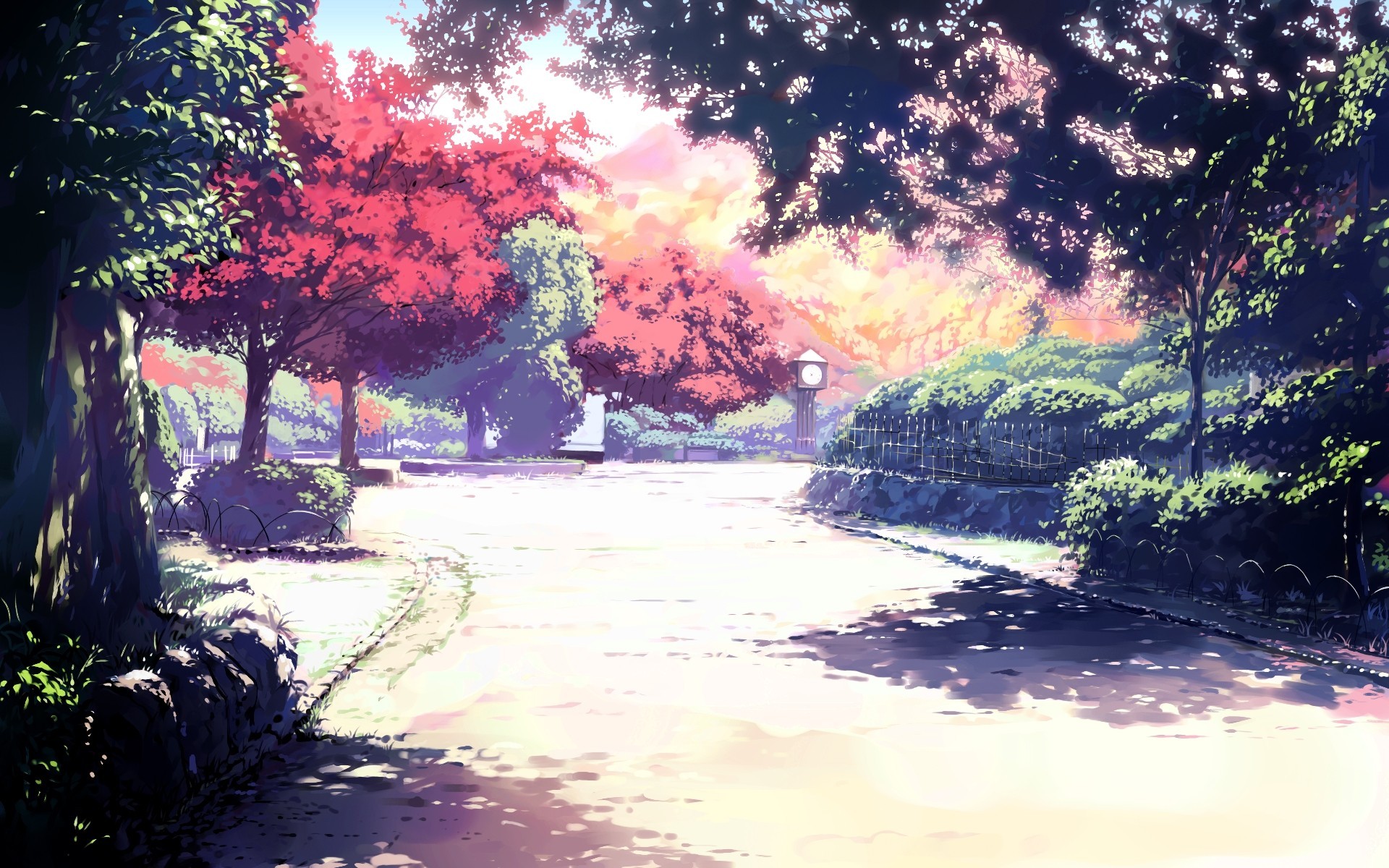 Anime park with trees and a clock tower HD Wallpaper