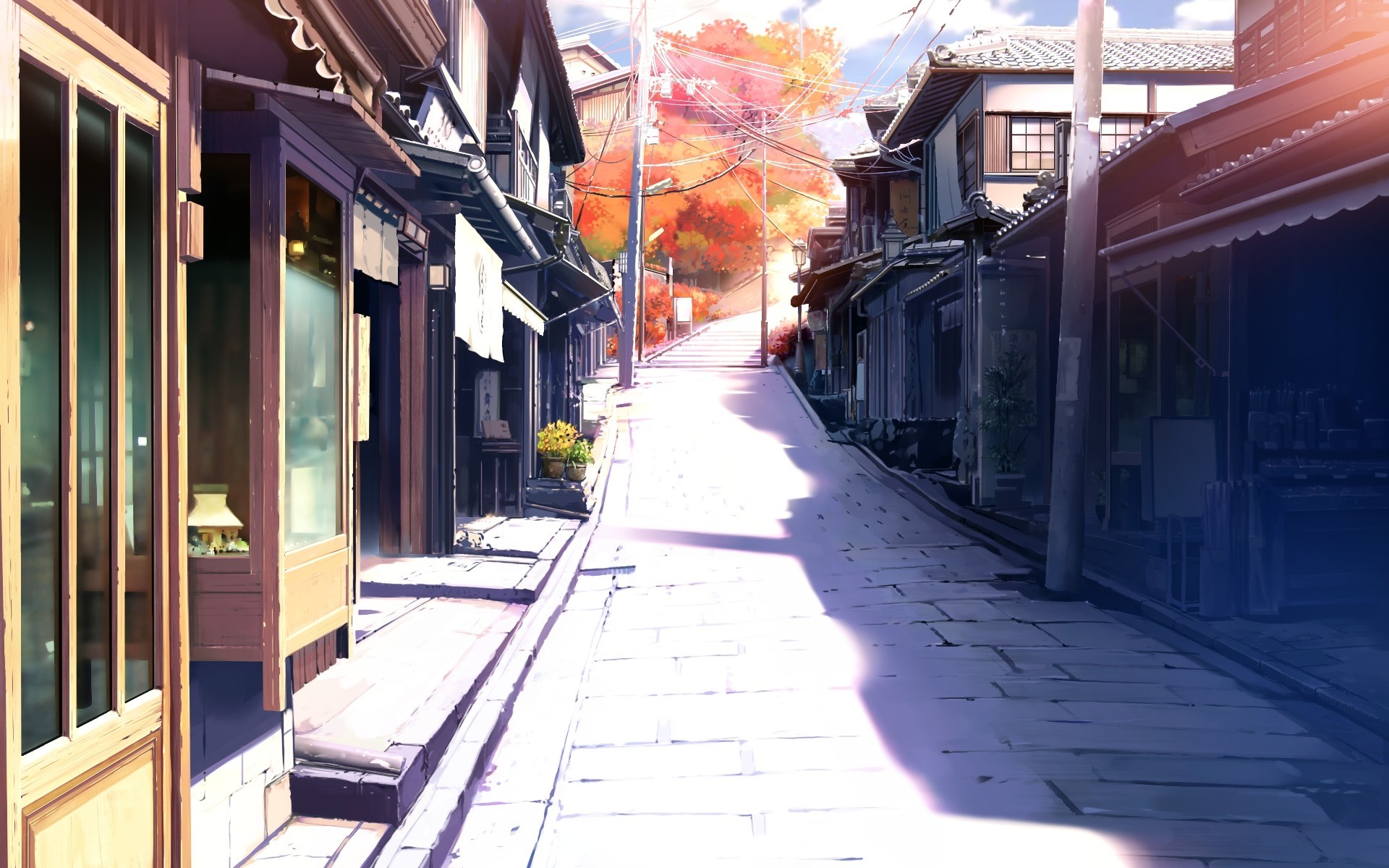 Anime street with traditional Japanese buildings and autumn trees HD Wallpaper