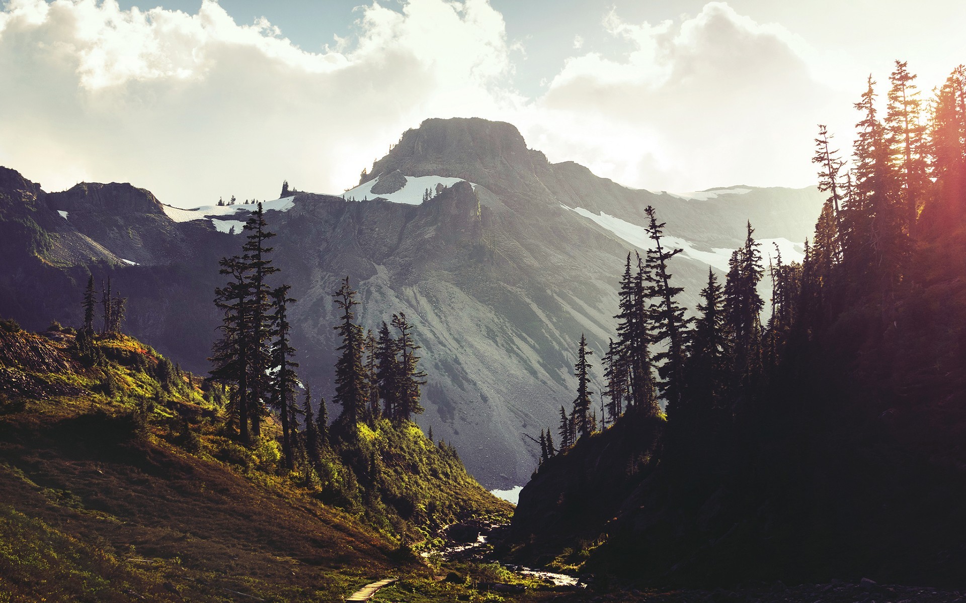 Mountain landscape with snow-capped peaks and pine trees HD Wallpaper