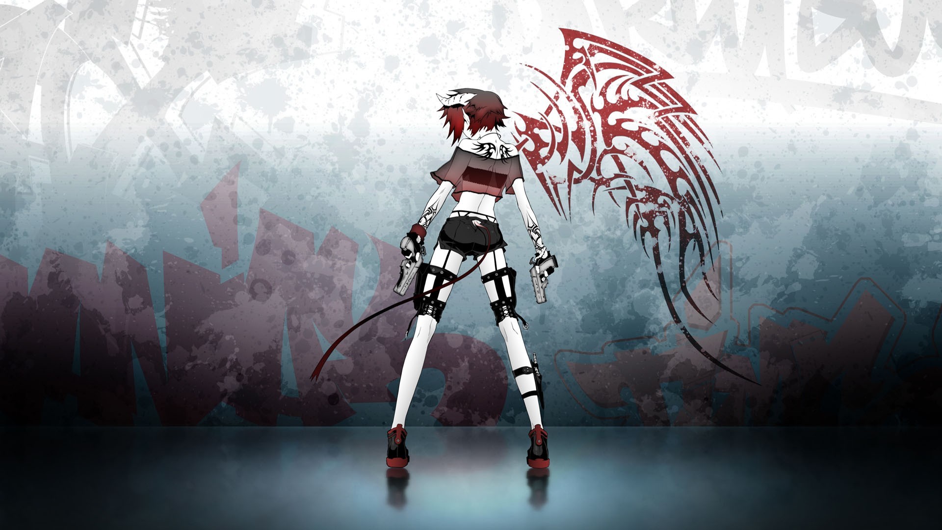 Anime girl with red hair and tribal wings holding pistols HD Wallpaper